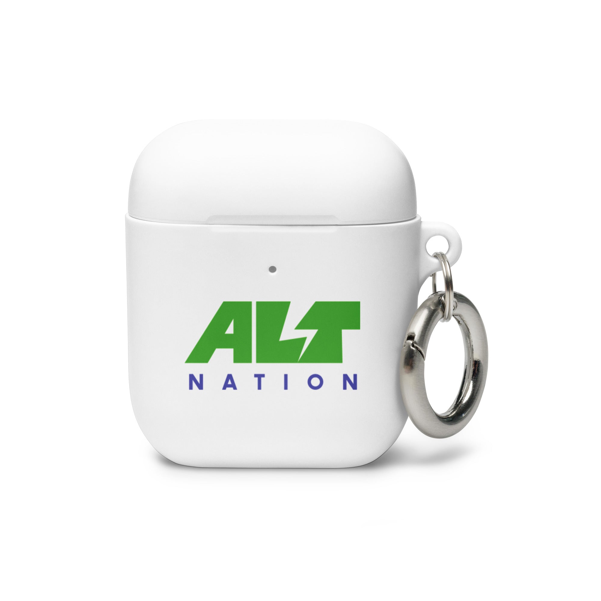White AirPods case with a green and blue 'ALT NATION' logo and a silver keychain attachment.
