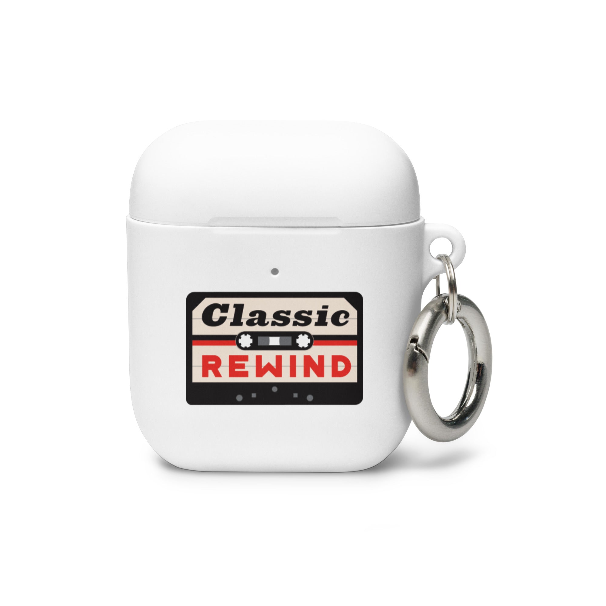 White AirPods case with 'Classic Rewind' cassette tape design and a keychain loop.
