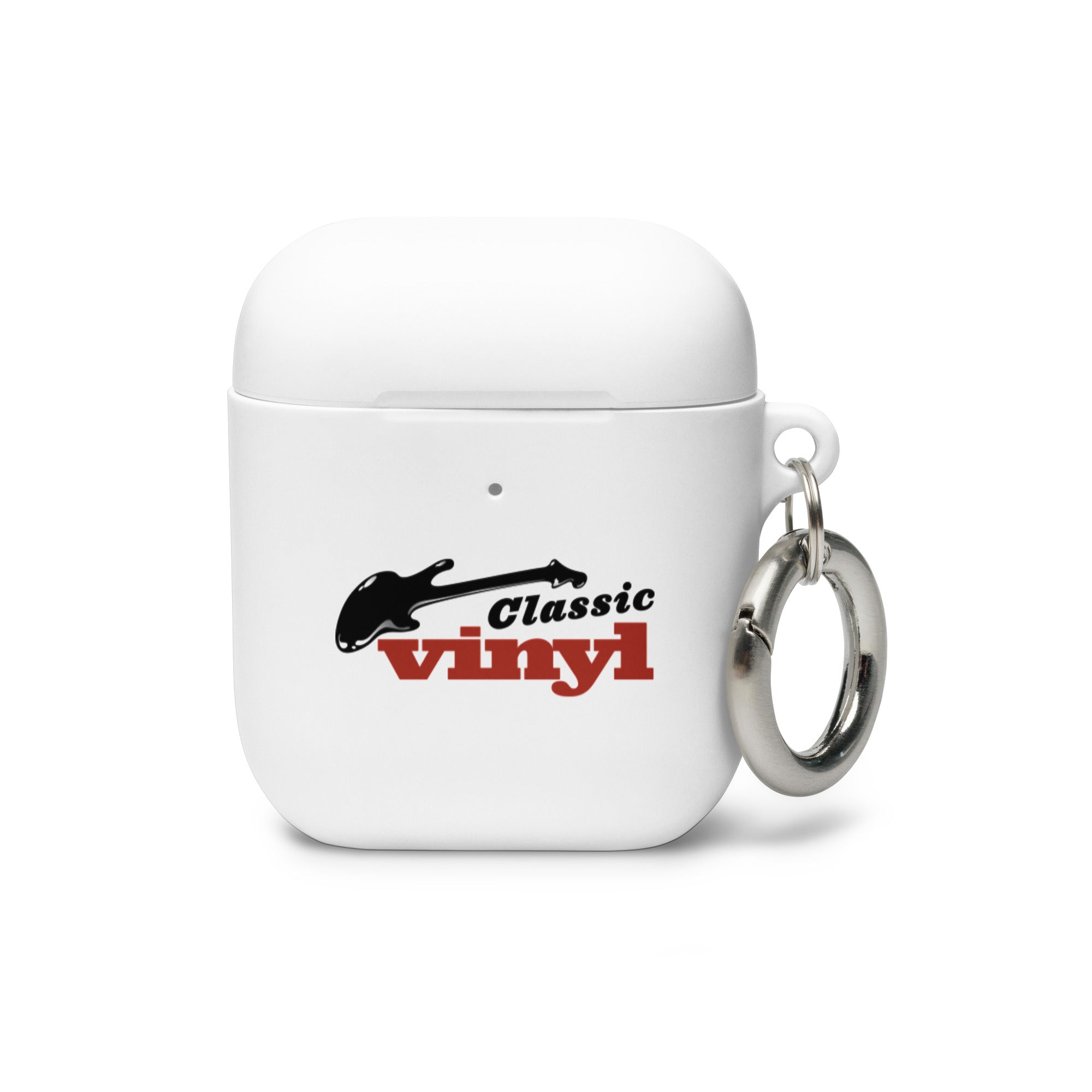 White AirPods case with 'Classic Vinyl' logo and guitar graphic, featuring a metal keyring attachment.