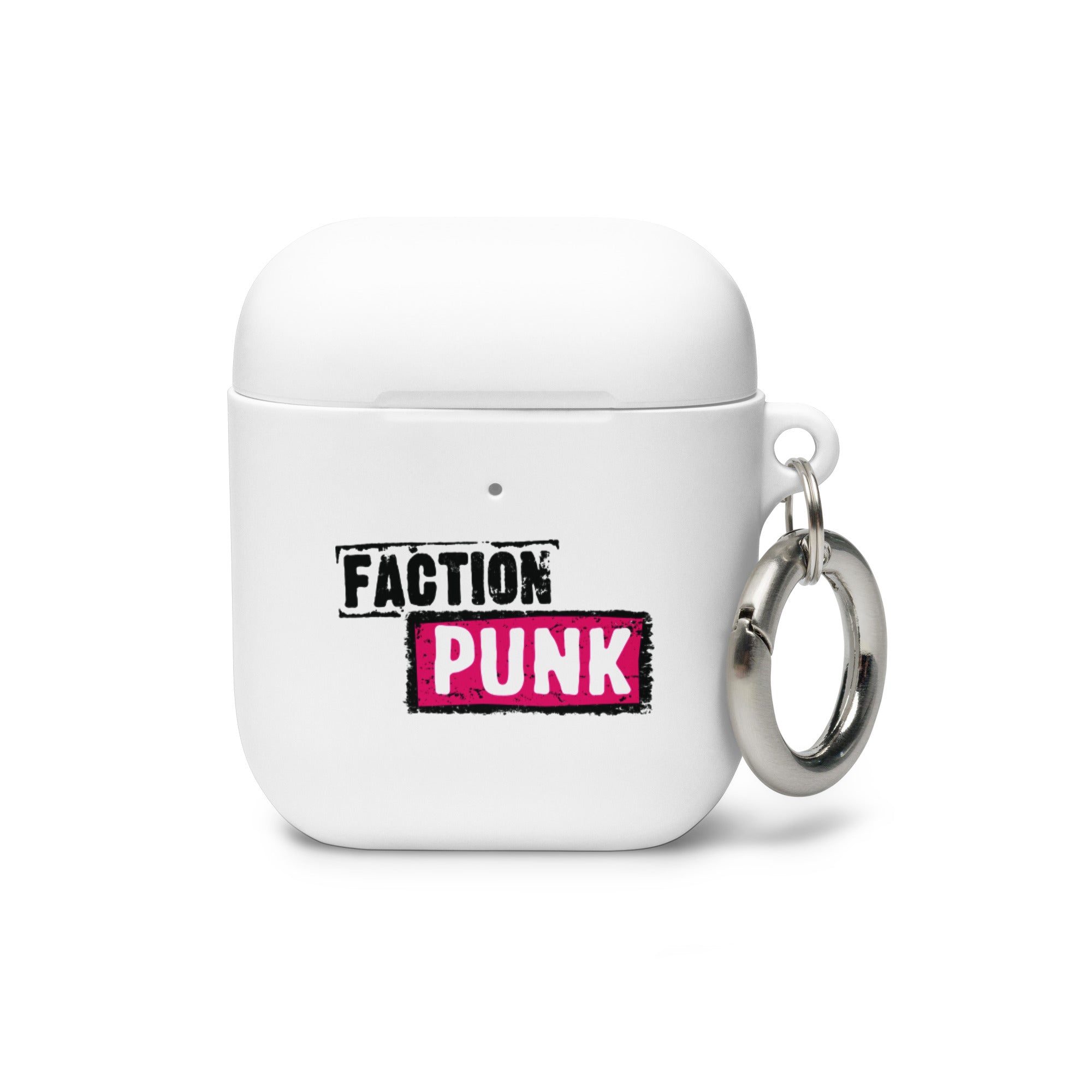 White AirPods case with a keyring, featuring 'FACTION PUNK' graphic design.