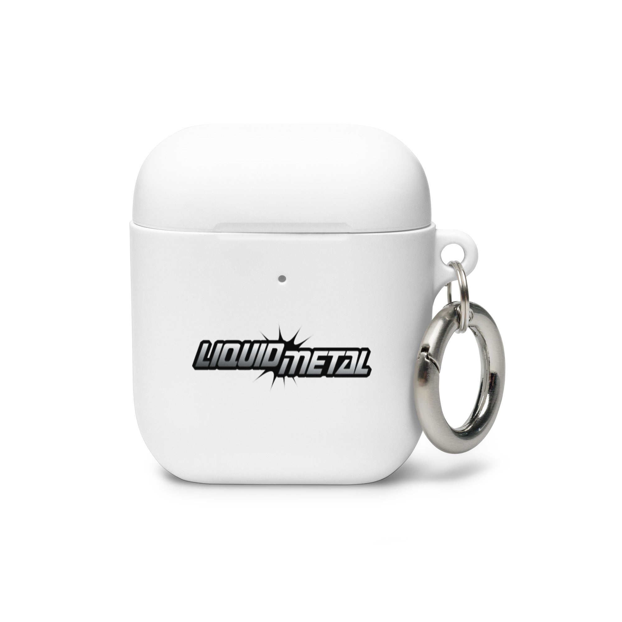 White AirPods case with a 'LIQUID METAL' logo and a metal keychain attached.