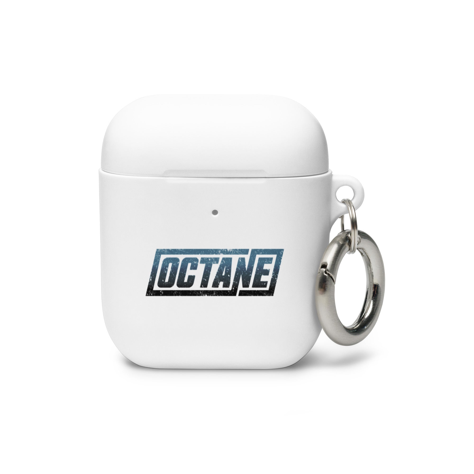 White AirPods case with a blue and black 'OCTANE' logo and a metal keychain attached.
