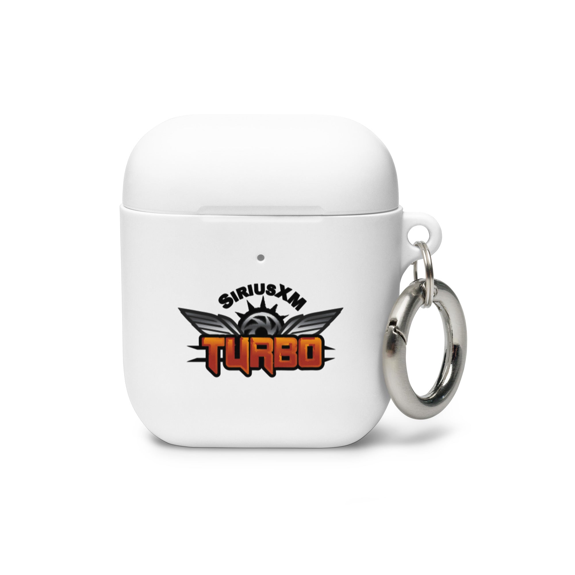 White AirPods case with a 'SiriusXM Turbo' logo and a metal keyring attached.