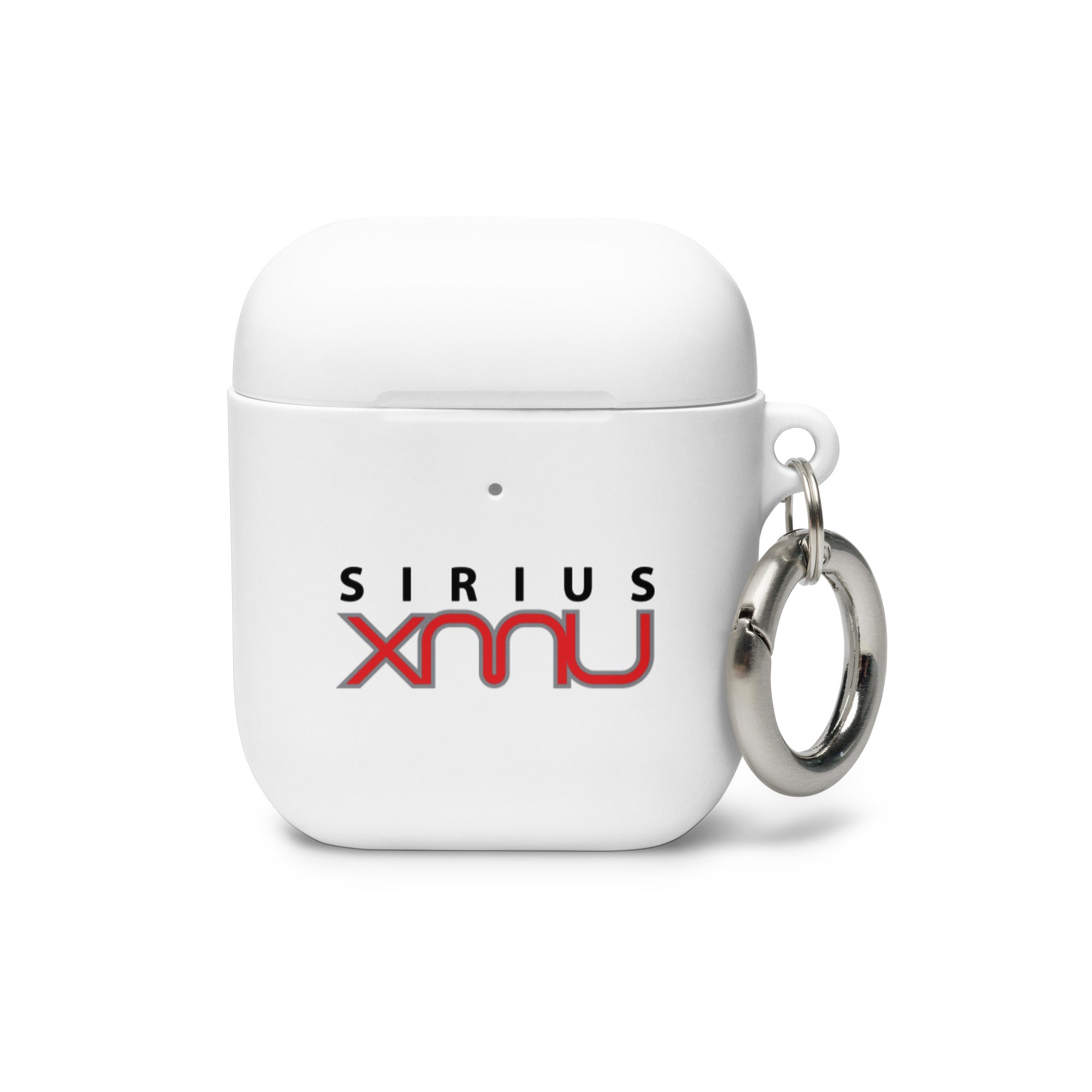 White AirPods case with 'SiriusXMU' logo and a metal keyring attached.