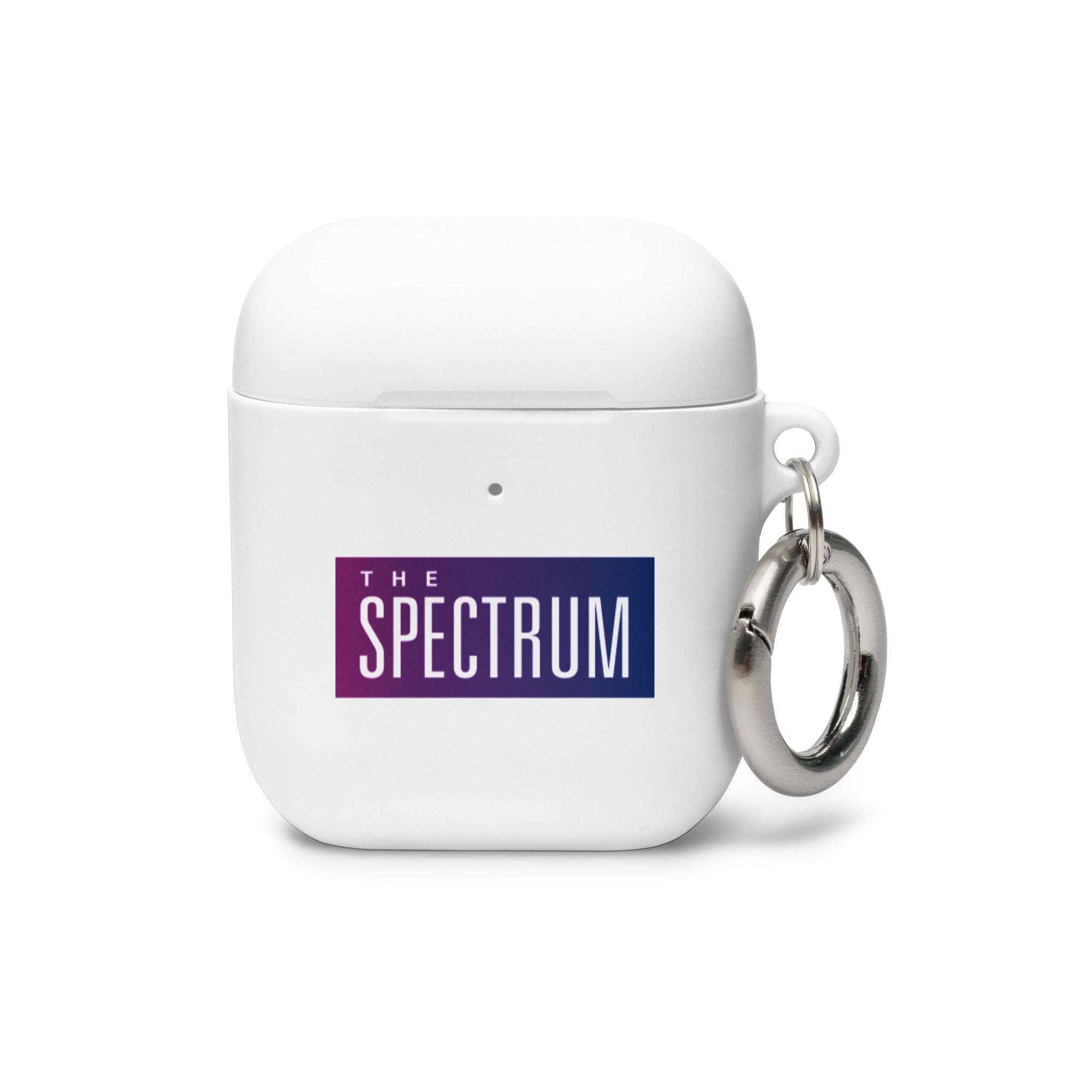 White AirPods case with a keychain and 'THE SPECTRUM' logo in purple and blue.