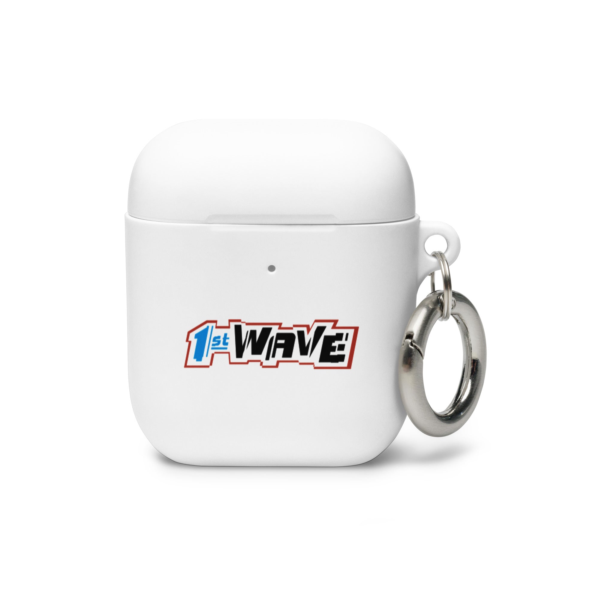White AirPods case with a colorful '1st WAVE' logo and a metal keychain attached.