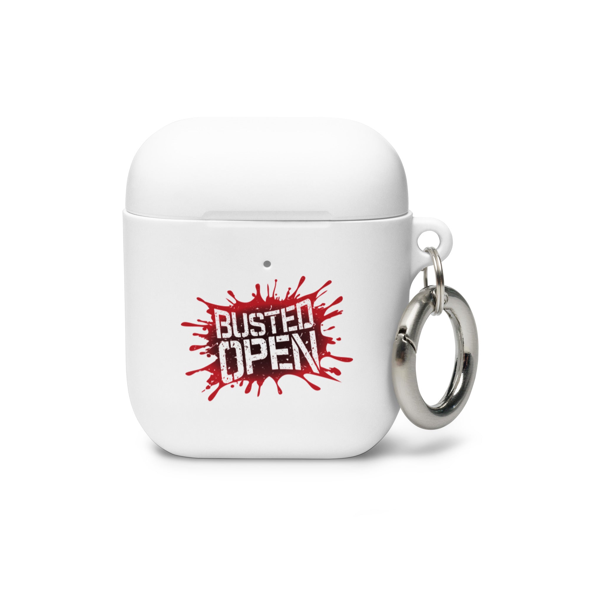 White AirPods case with 'BUSTED OPEN' graphic in red and black splatter design, featuring a metal keychain attachment.