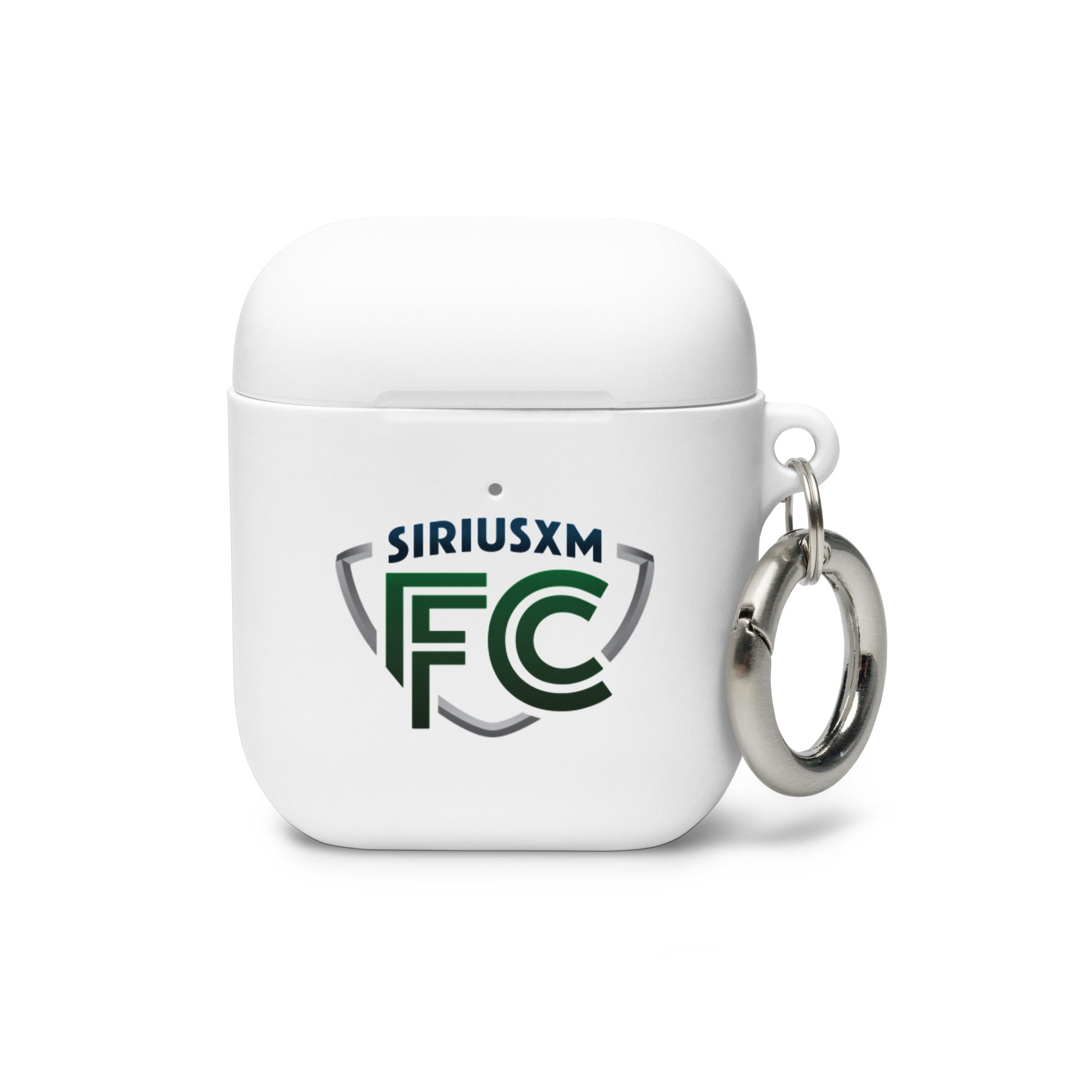 White AirPods case with 'SiriusXM FC' logo and keychain ring attached.
