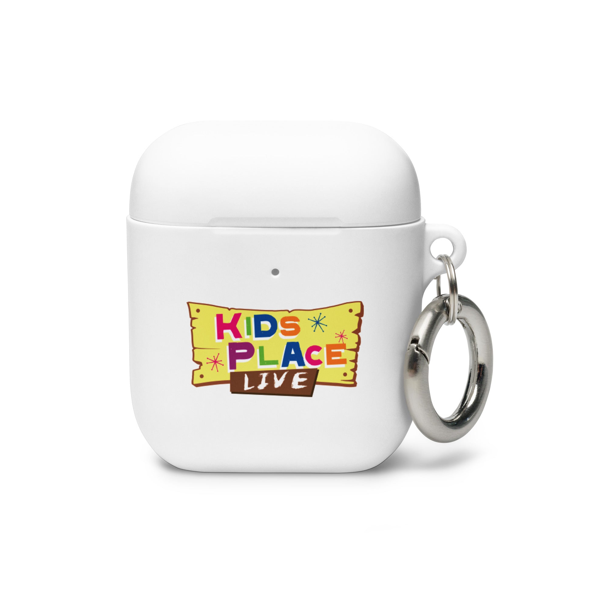 AirPods case featuring a colorful 'KIDS PLACE LIVE' logo with a metal keyring attachment.