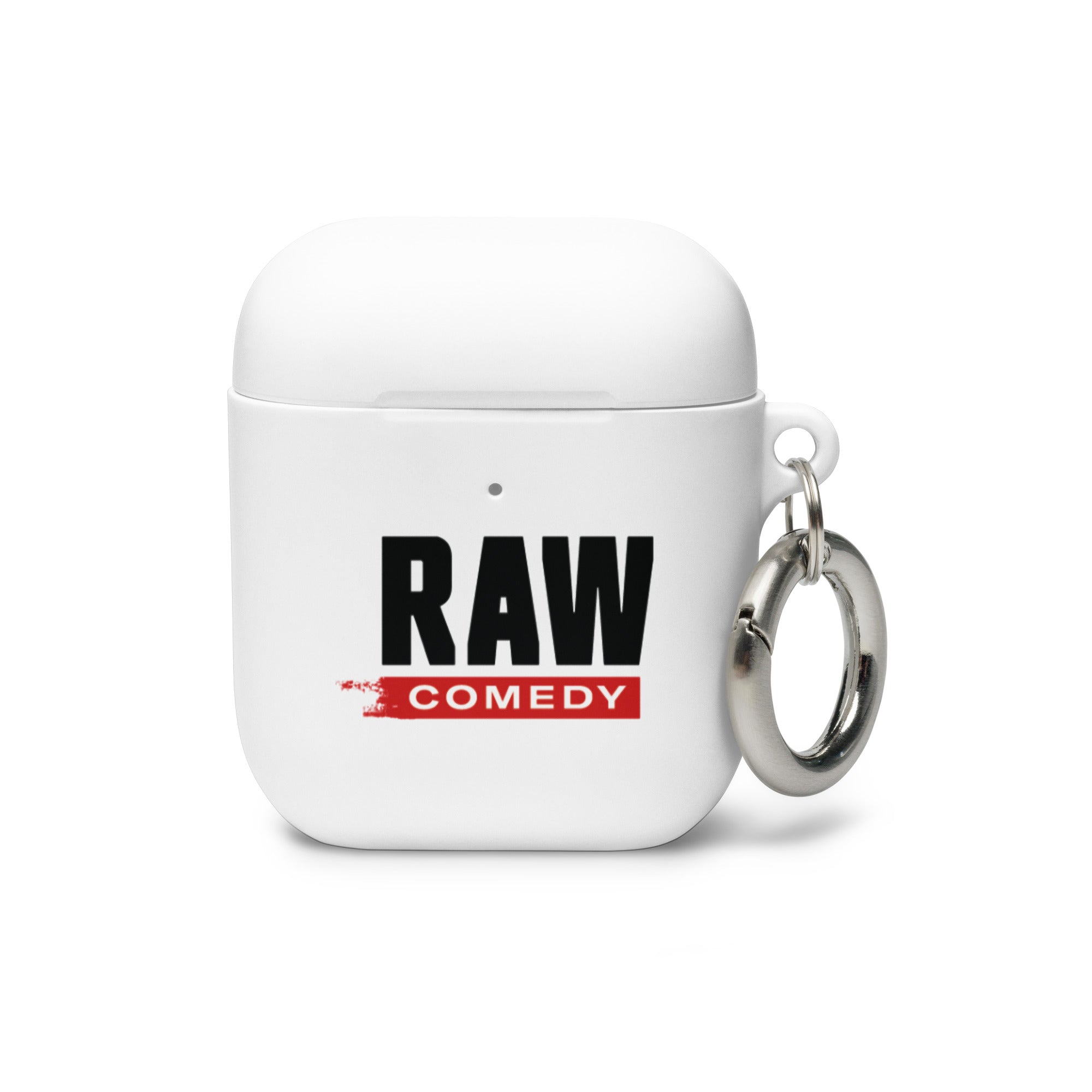 White AirPods case featuring 'RAW COMEDY' logo in bold black and red text.