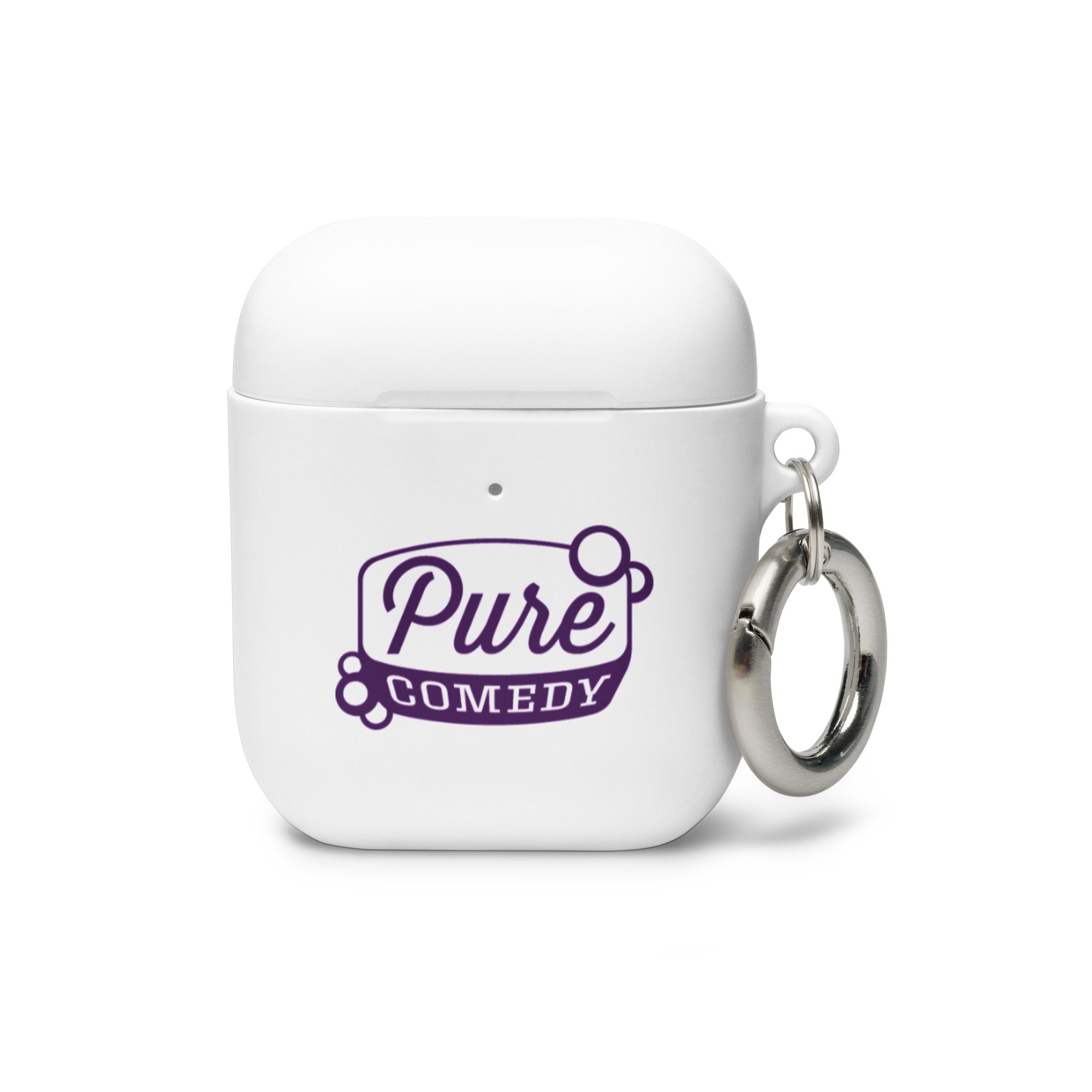 White AirPods case with a 'Pure Comedy' logo in purple and a metal keyring.