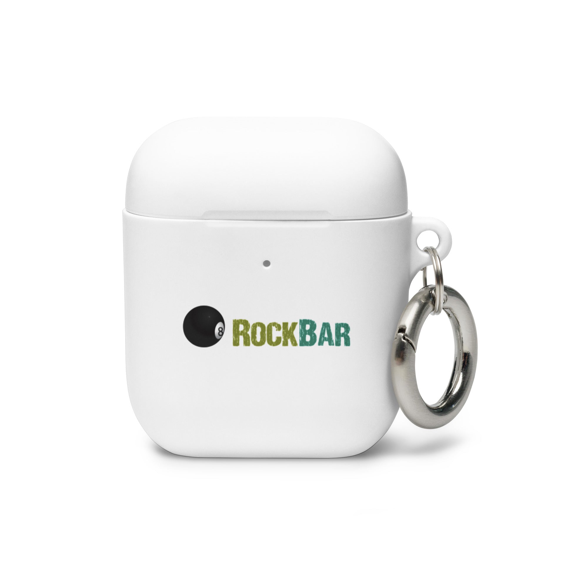 White AirPods case with a keychain and 'RockBar' logo.