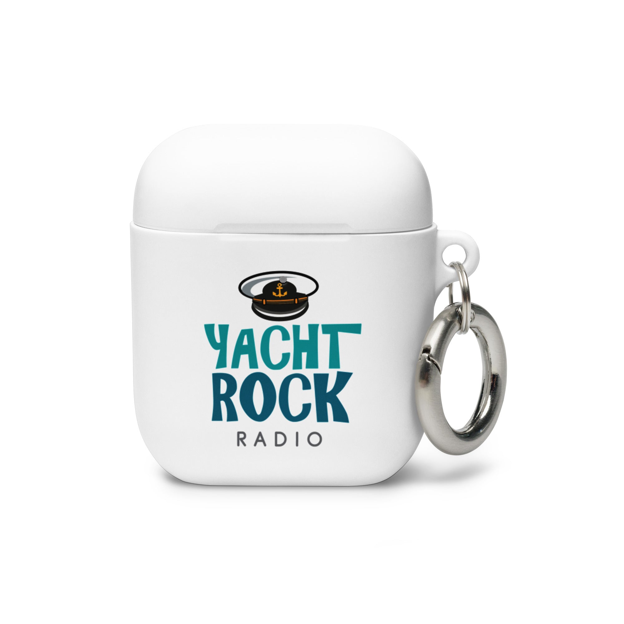 White AirPods case with 'Yacht Rock Radio' logo featuring a captain's hat graphic and silver keychain attachment.