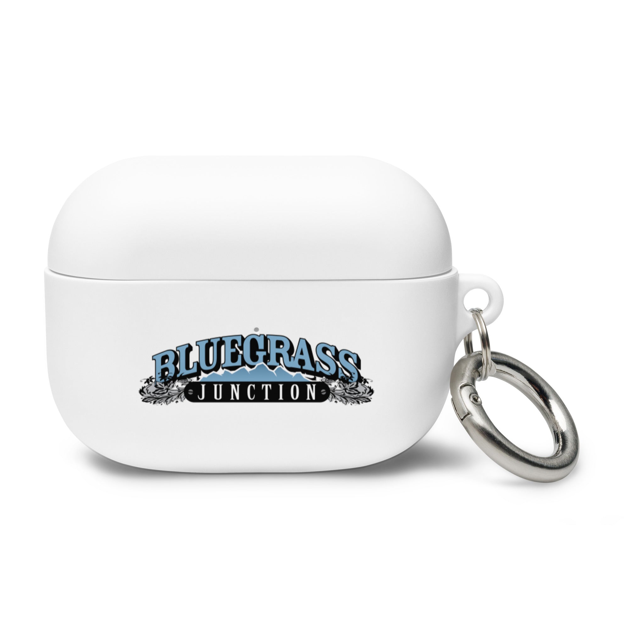 White AirPods Pro case with 'BLUEGRASS JUNCTION' logo and metal keyring attachment.