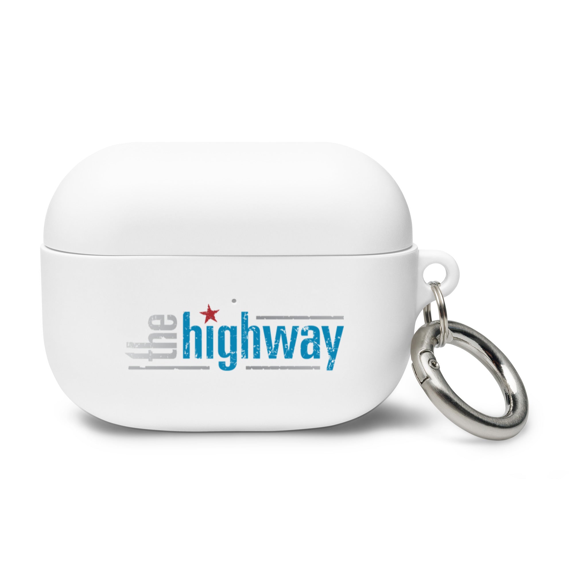 White AirPods Pro case with 'the highway' logo and a silver keychain attachment.