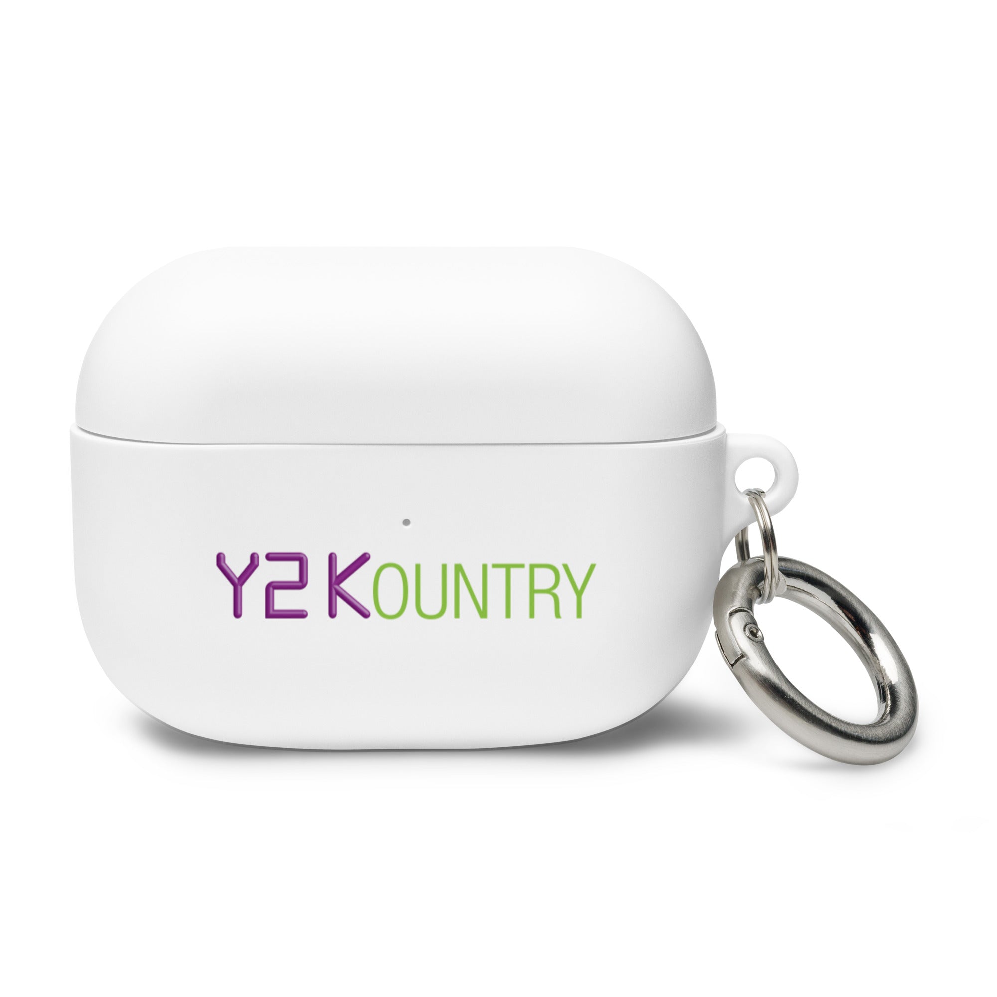 White AirPods Pro case with logo 'Y2KOUNTRY' in purple and green, featuring a metal keychain attachment.