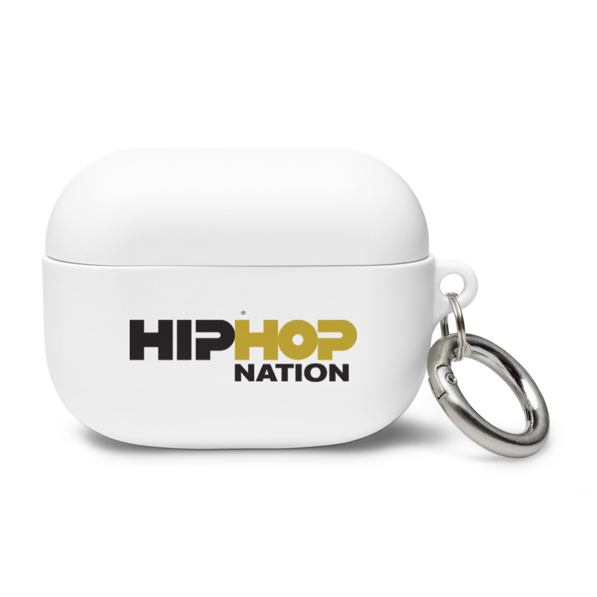 White AirPods Pro case with 'HIP HOP NATION' logo in black and gold, featuring a metal keychain attachment.