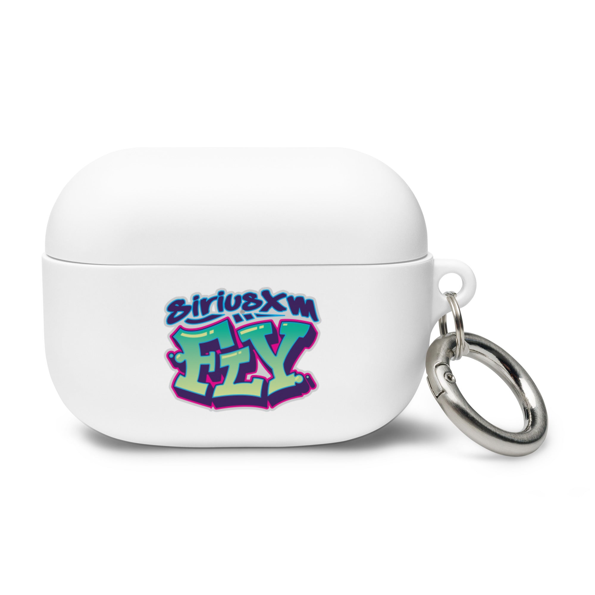 White AirPods Pro case with 'siriusxm FLY' graffiti-style logo and a silver keychain attachment.