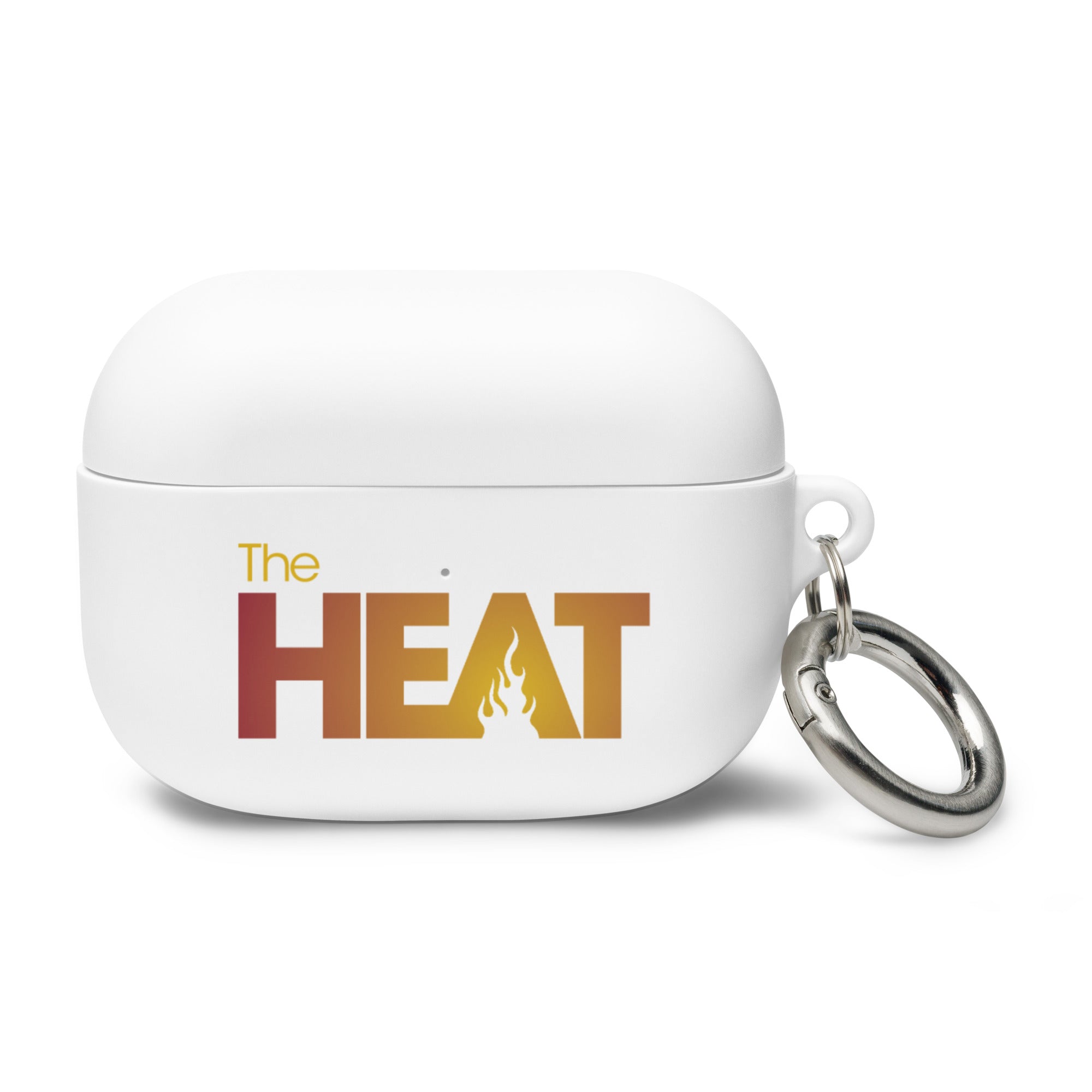 White AirPods Pro case with 'The HEAT' logo featuring a flame design and attached to a silver keyring.