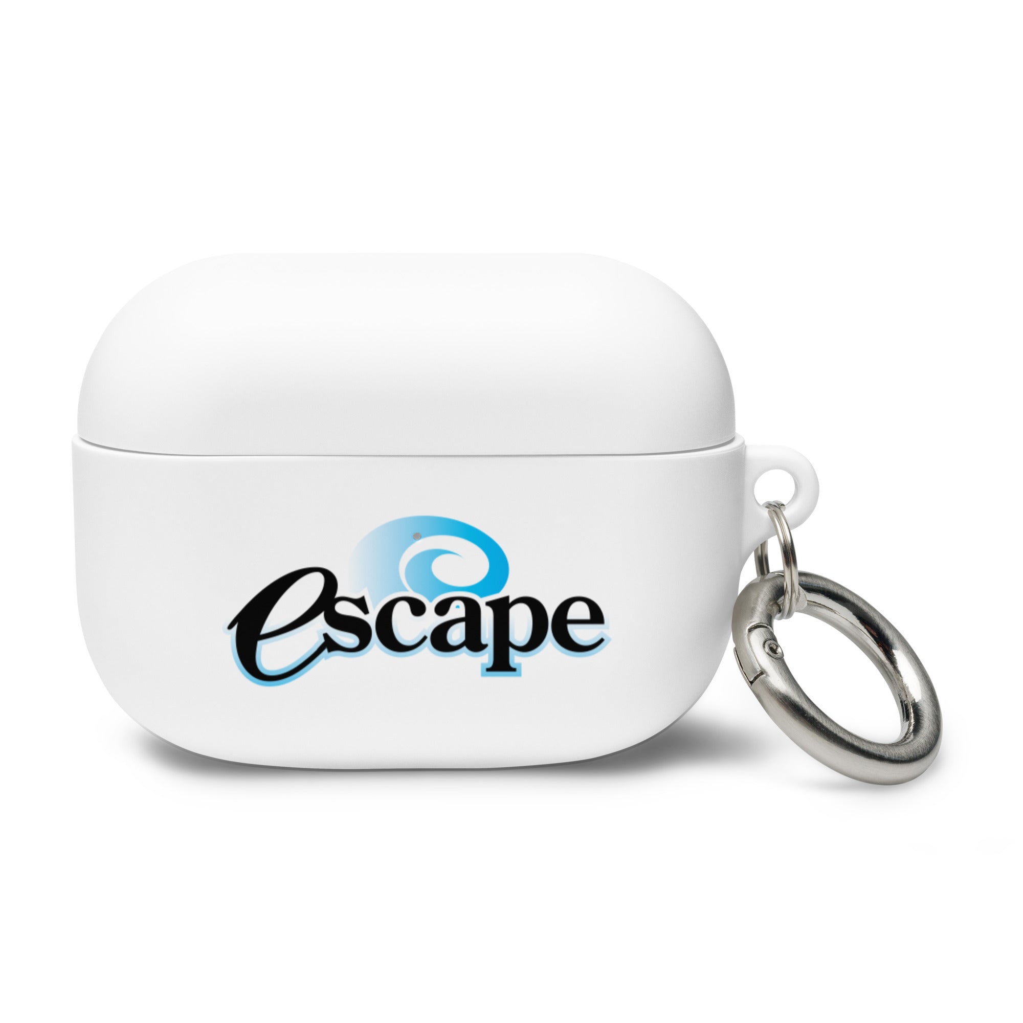 White AirPods Pro case with a keyring and the word 'Escape' in stylized blue and black lettering.