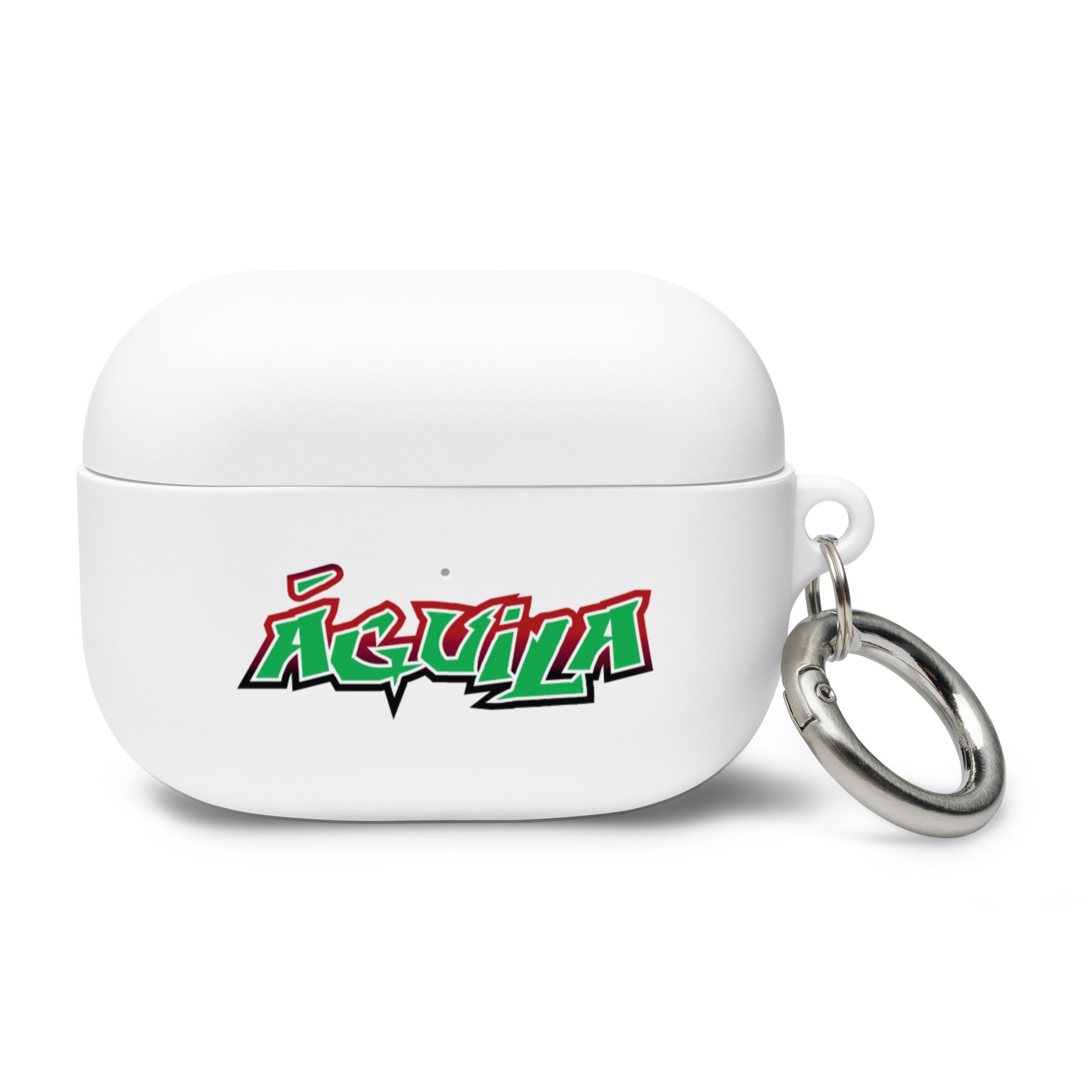 White AirPods Pro case with 'Águila' logo in red and green, featuring a metal keyring attached.
