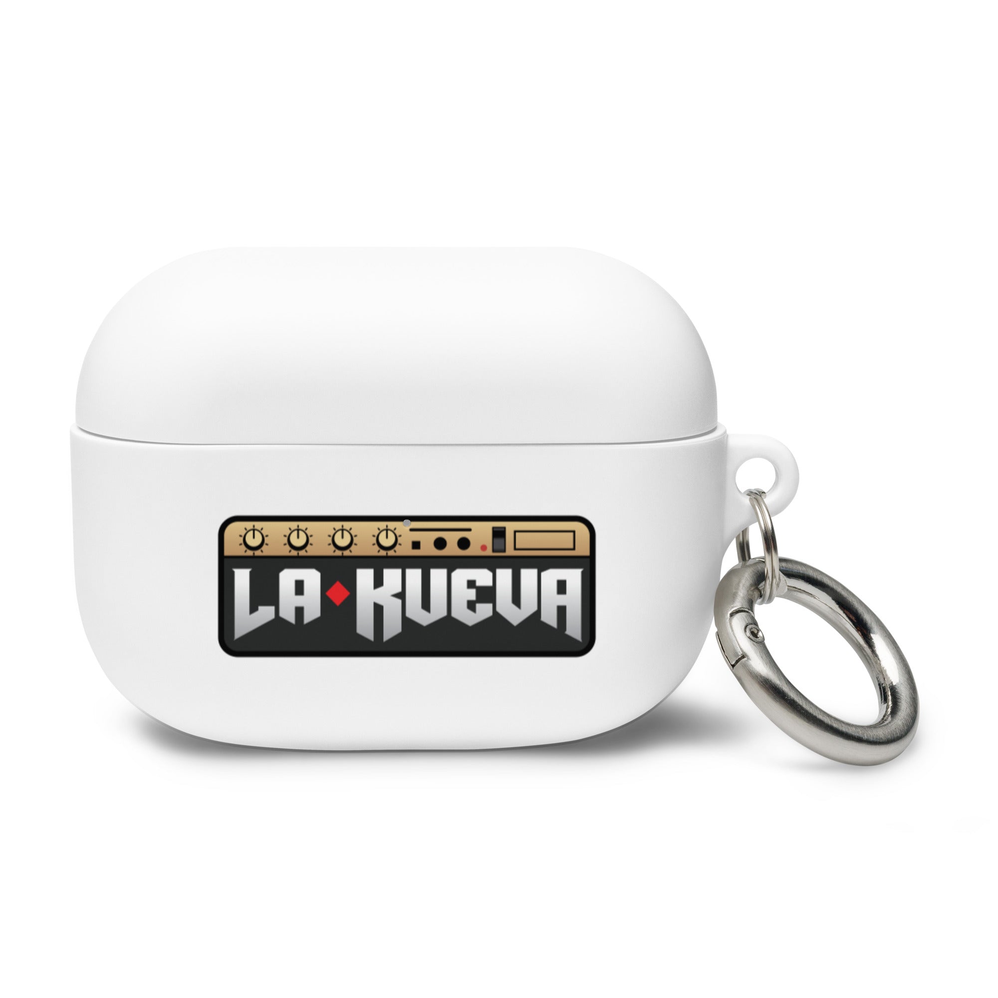 White AirPods Pro case with a 'LA KUEVA' logo and keyring attachment.