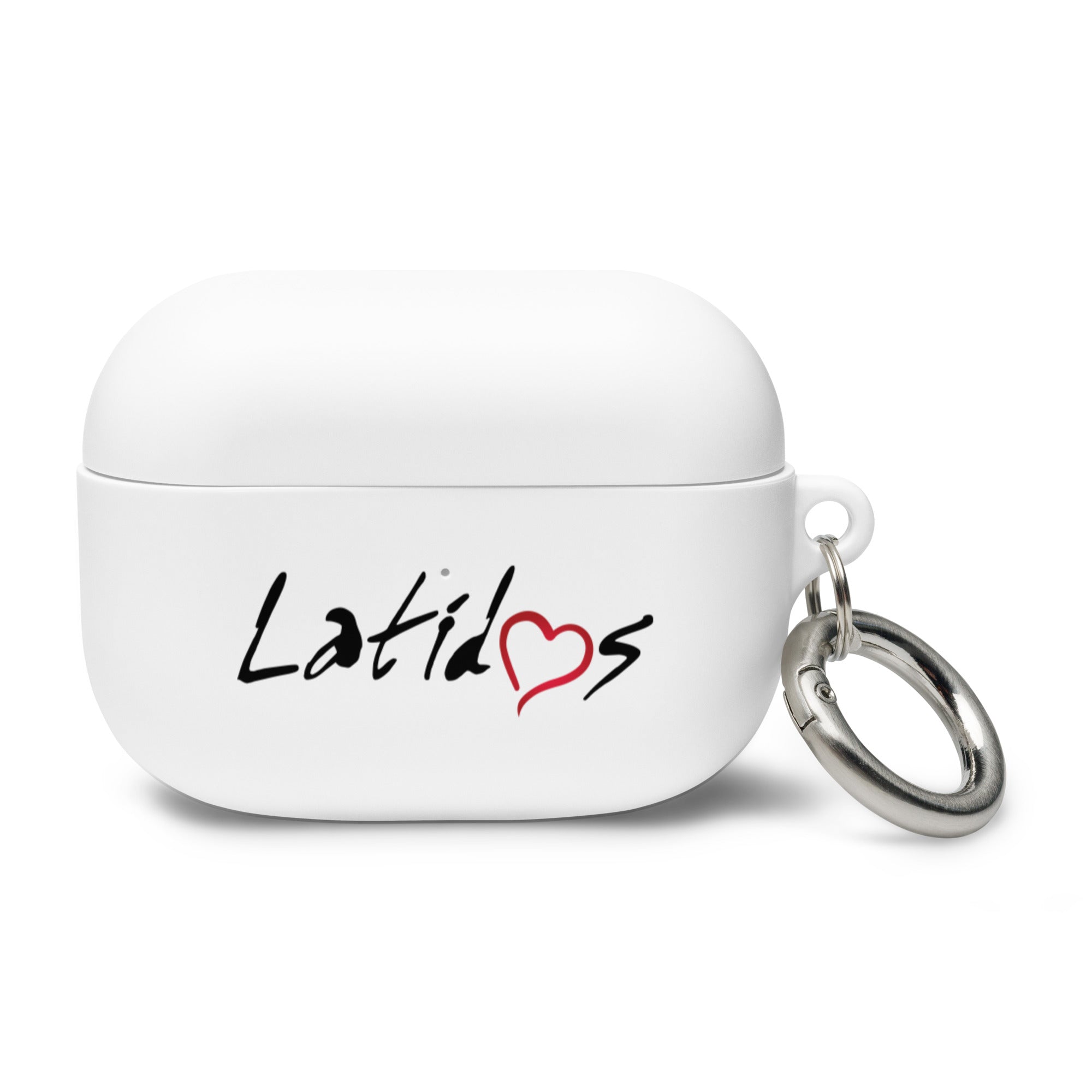 White AirPods Pro case with a keychain and 'Latidós' logo featuring a metal keyring attachment.
