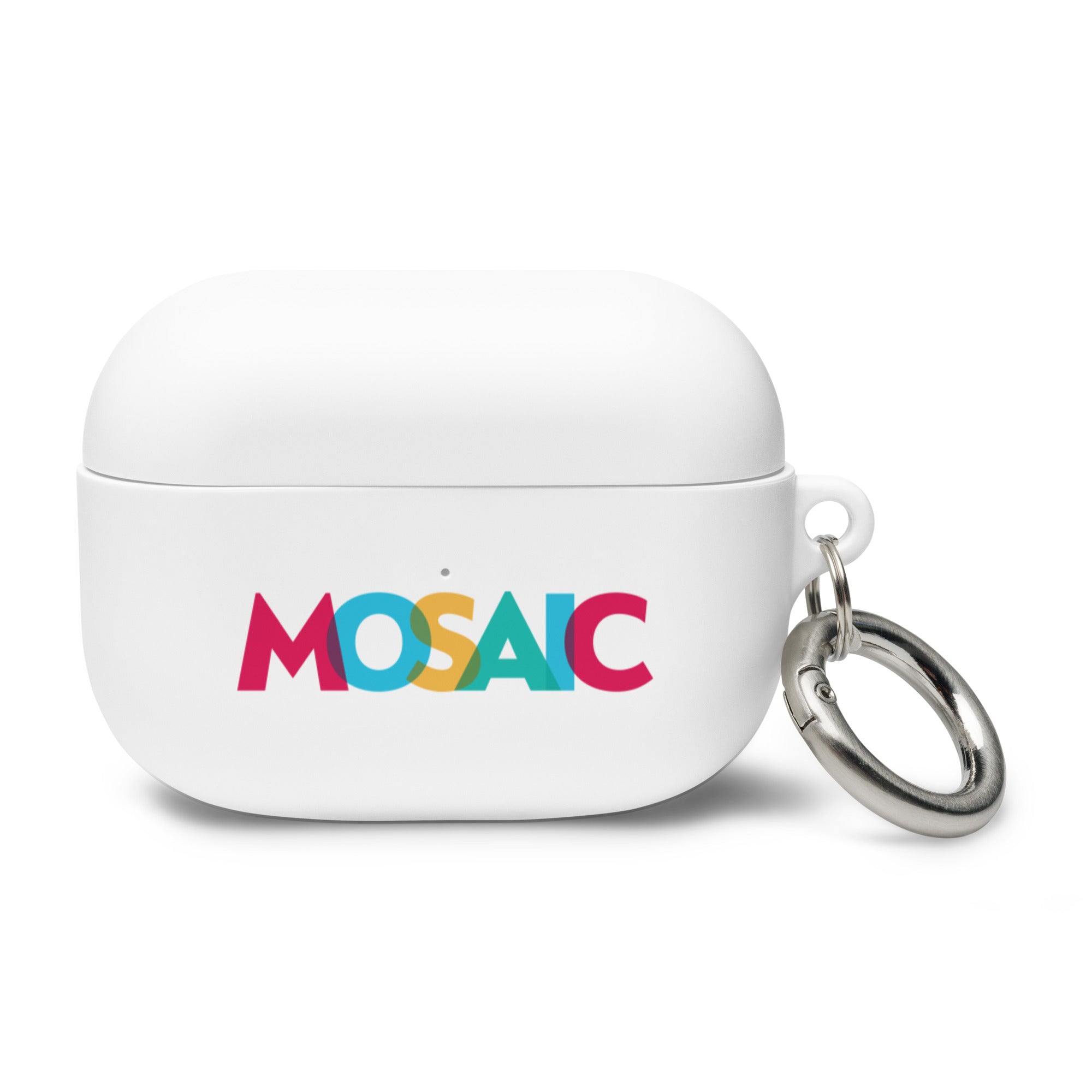 White AirPods Pro case with colorful 'MOSAIC' logo and metal keyring attached.