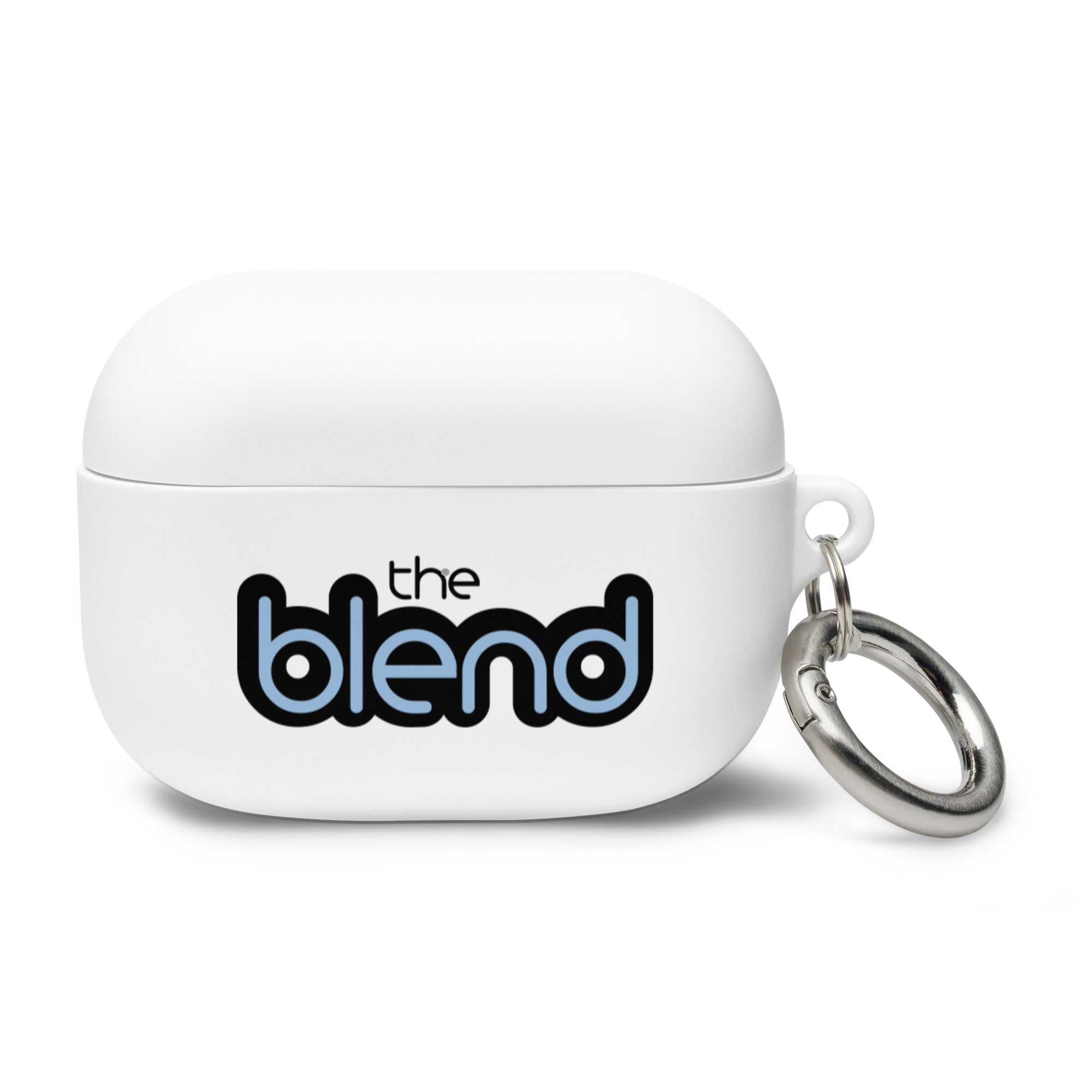 White AirPods Pro case with a keyring and 'the blend' logo in blue and black printed on the front.
