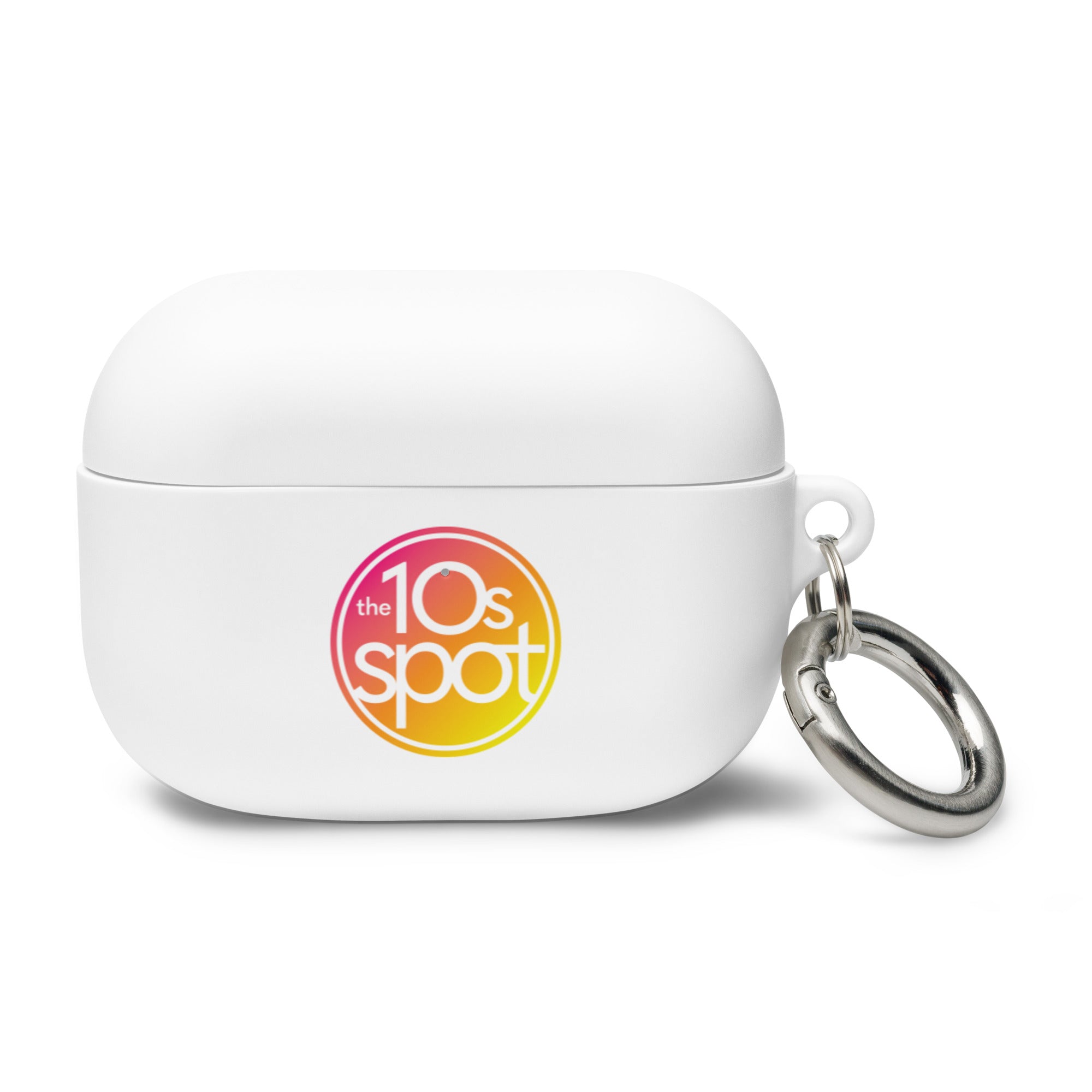 White AirPods Pro case with a colorful pink and yellow gradient logo for 'the 10s spot' and a metal keyring attached.
