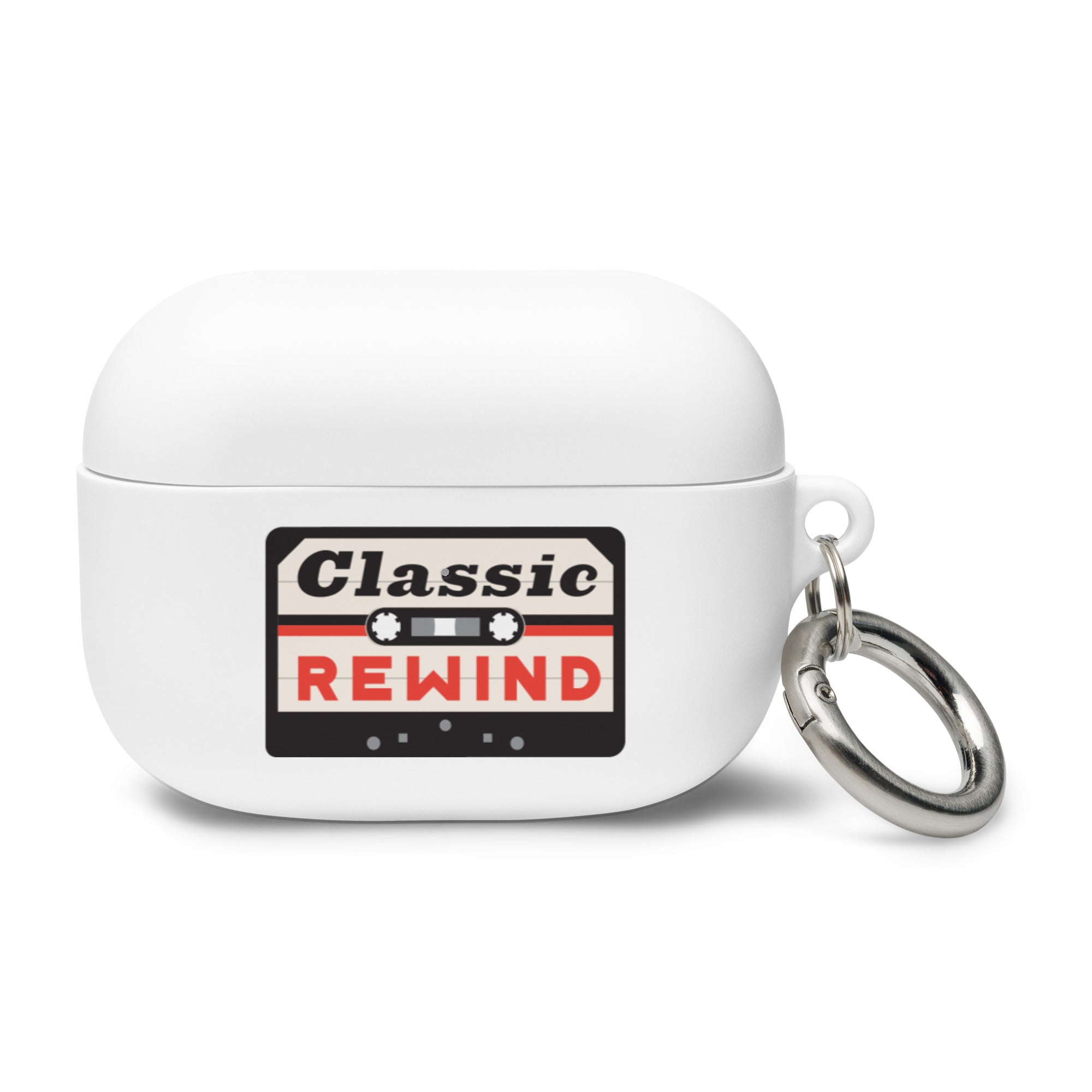 White AirPods Pro case with a 'Classic Rewind' graphic featuring a cassette tape design and silver keychain attachment.