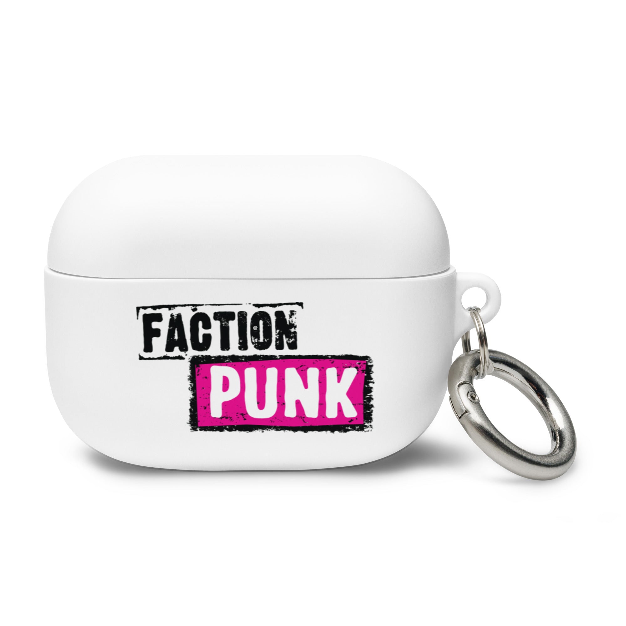 White AirPods Pro case with 'FACTION PUNK' graphic in bold black and pink, featuring a metal keyring attachment.