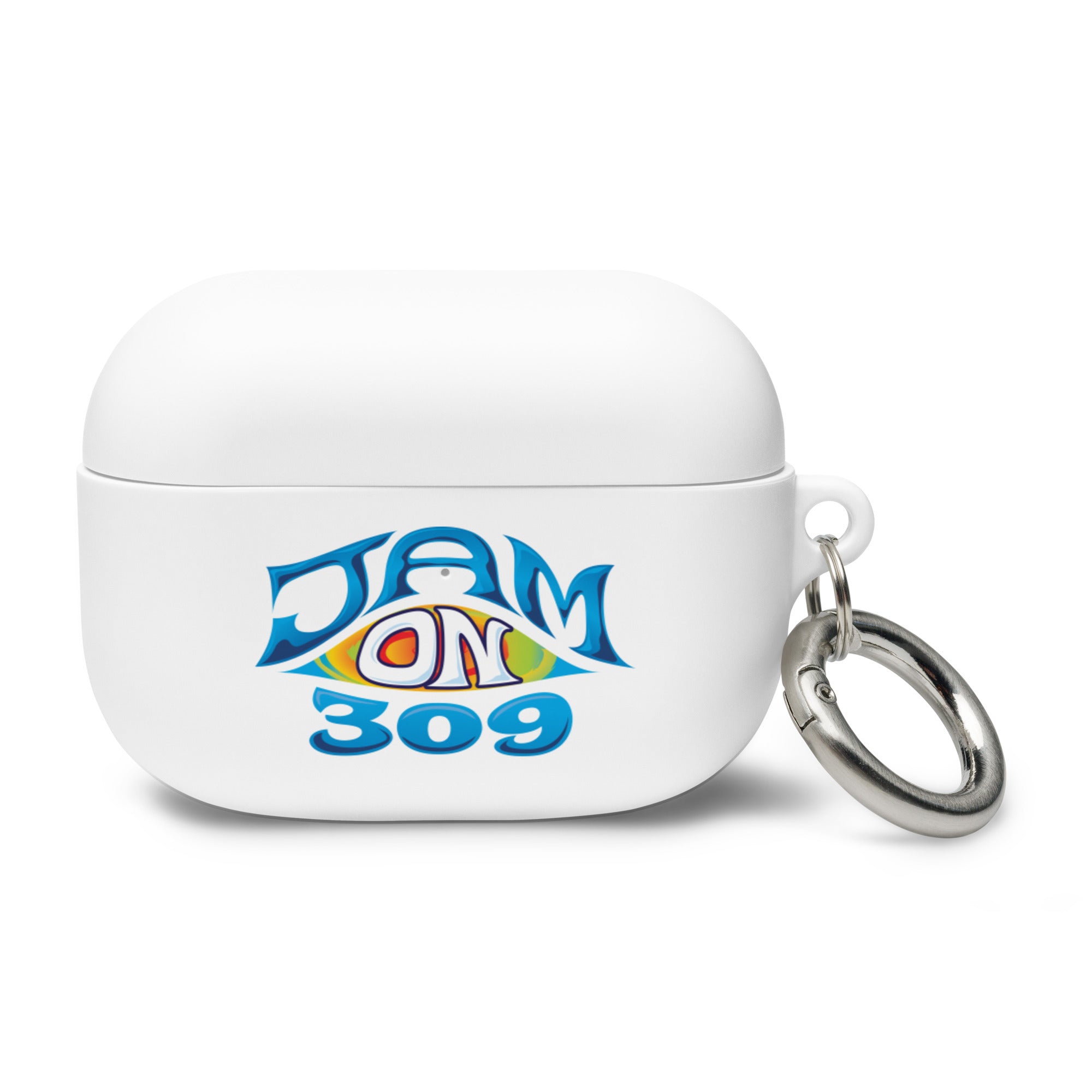 White AirPods Pro case with a colorful 'JAM ON 309' design and a silver keychain attachment.