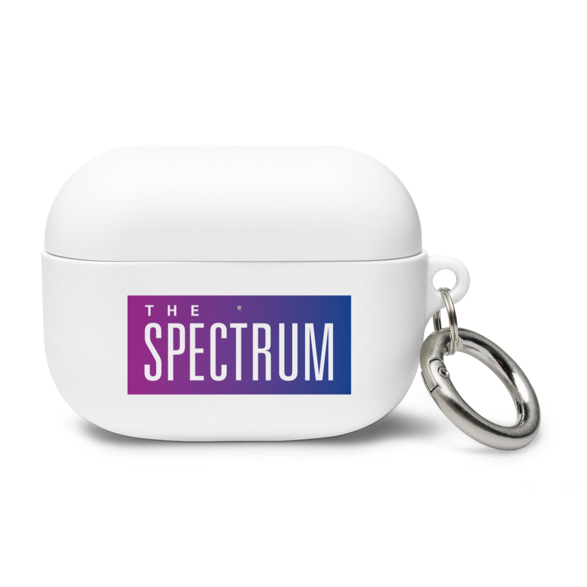 White AirPods Pro case featuring 'THE SPECTRUM' logo in gradient colors, with a metal keychain attached.