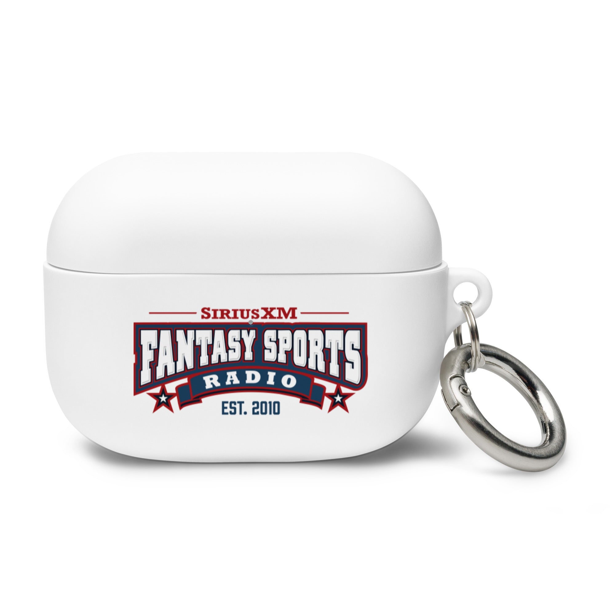 White AirPods Pro case with 'SiriusXM Fantasy Sports Radio EST 2010' logo and keychain attachment.