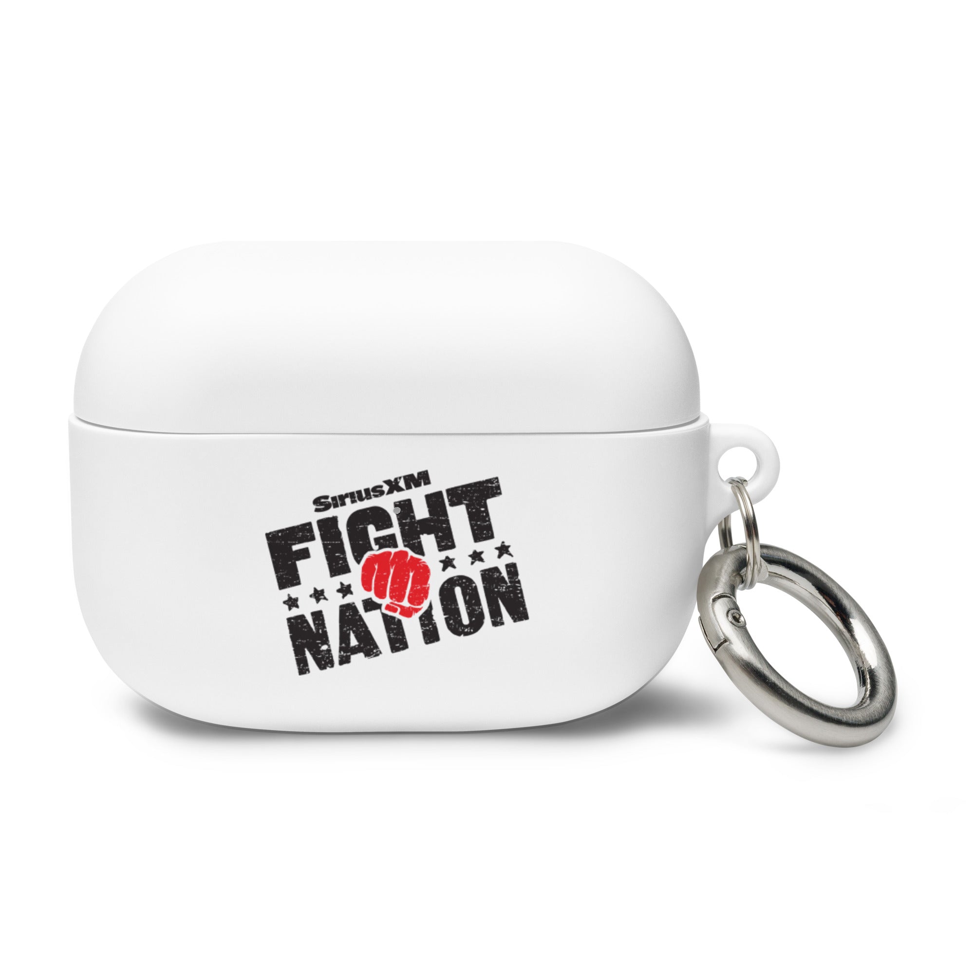 White AirPods Pro case with 'SiriusXM FIGHT NATION' logo and a red fist graphic and silver keychain attachment.