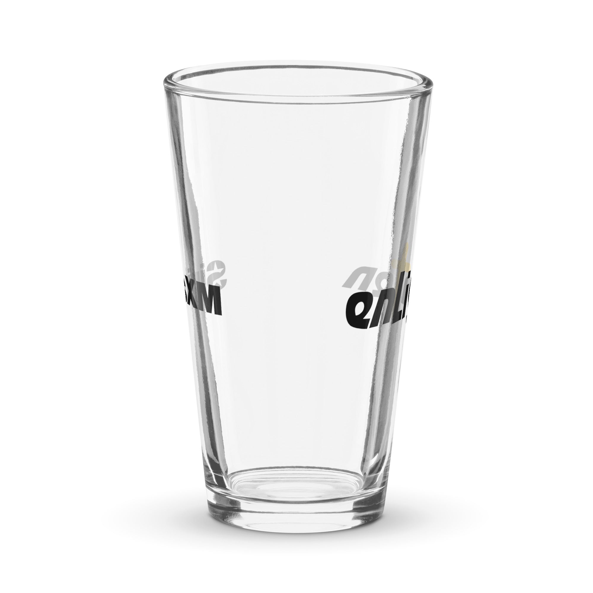 Side view of clear pint glass featuring partially visible front and back designs.