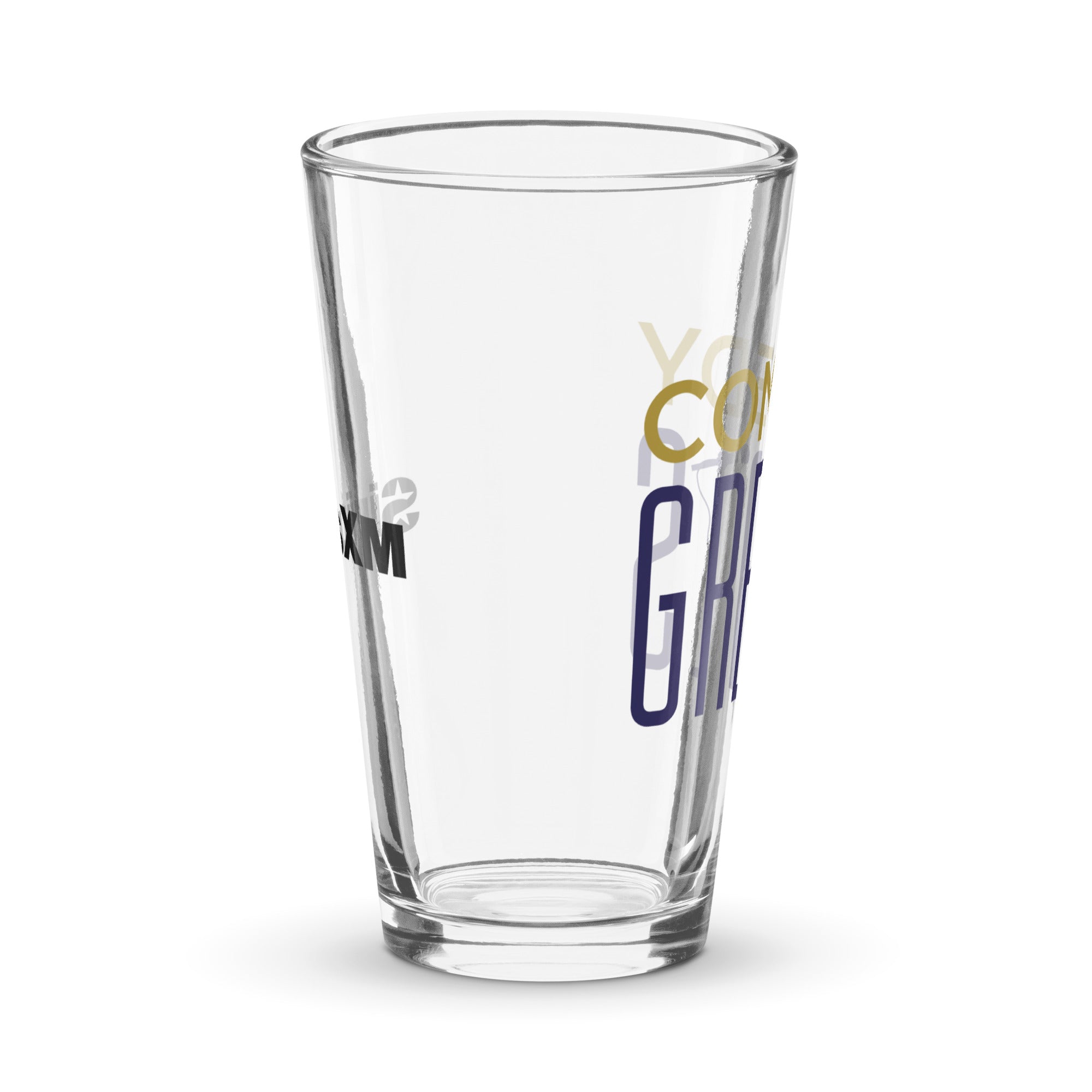 Side view of clear pint glass featuring partially visible front and back designs.