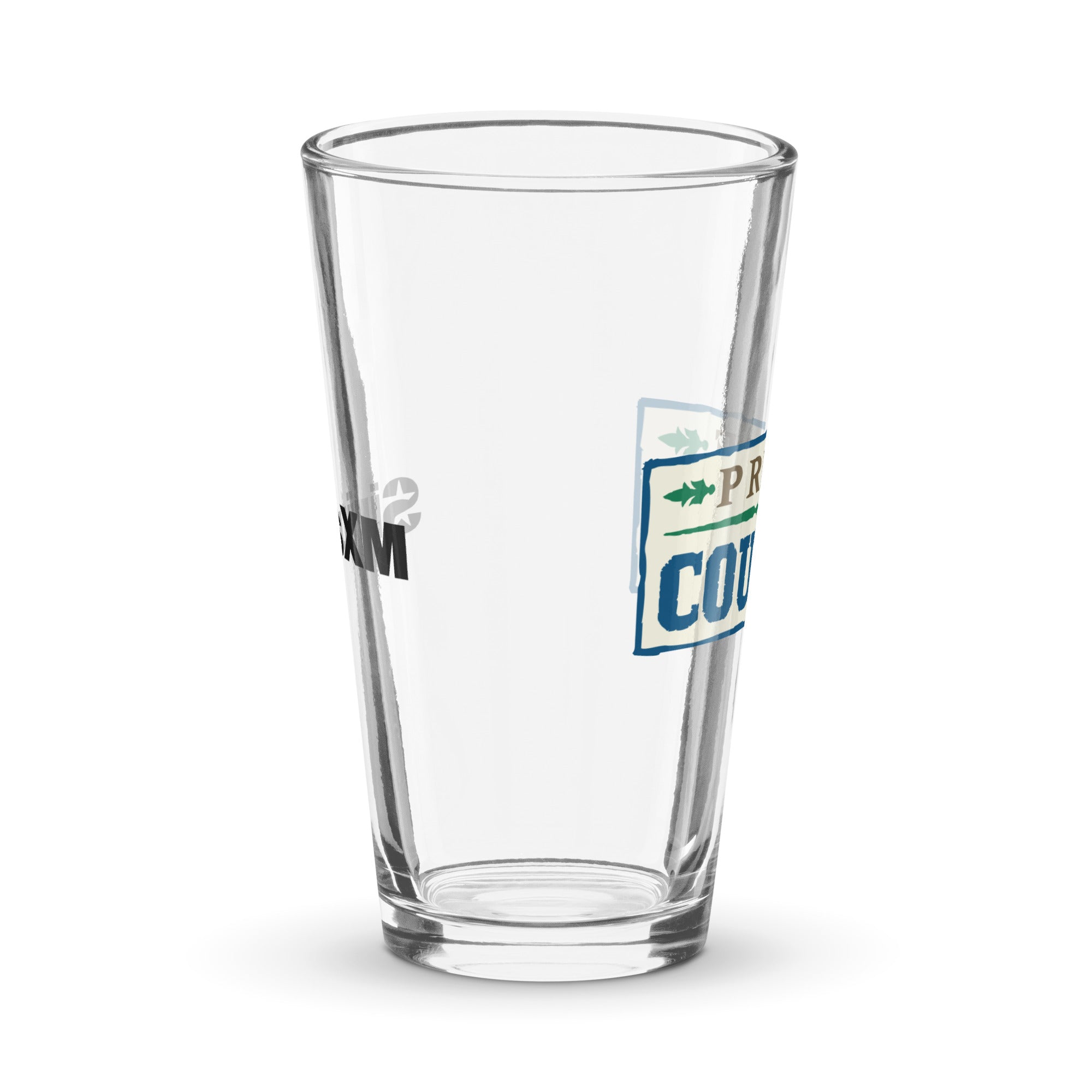 Side view of clear pint glass featuring partially visible front and back designs.
