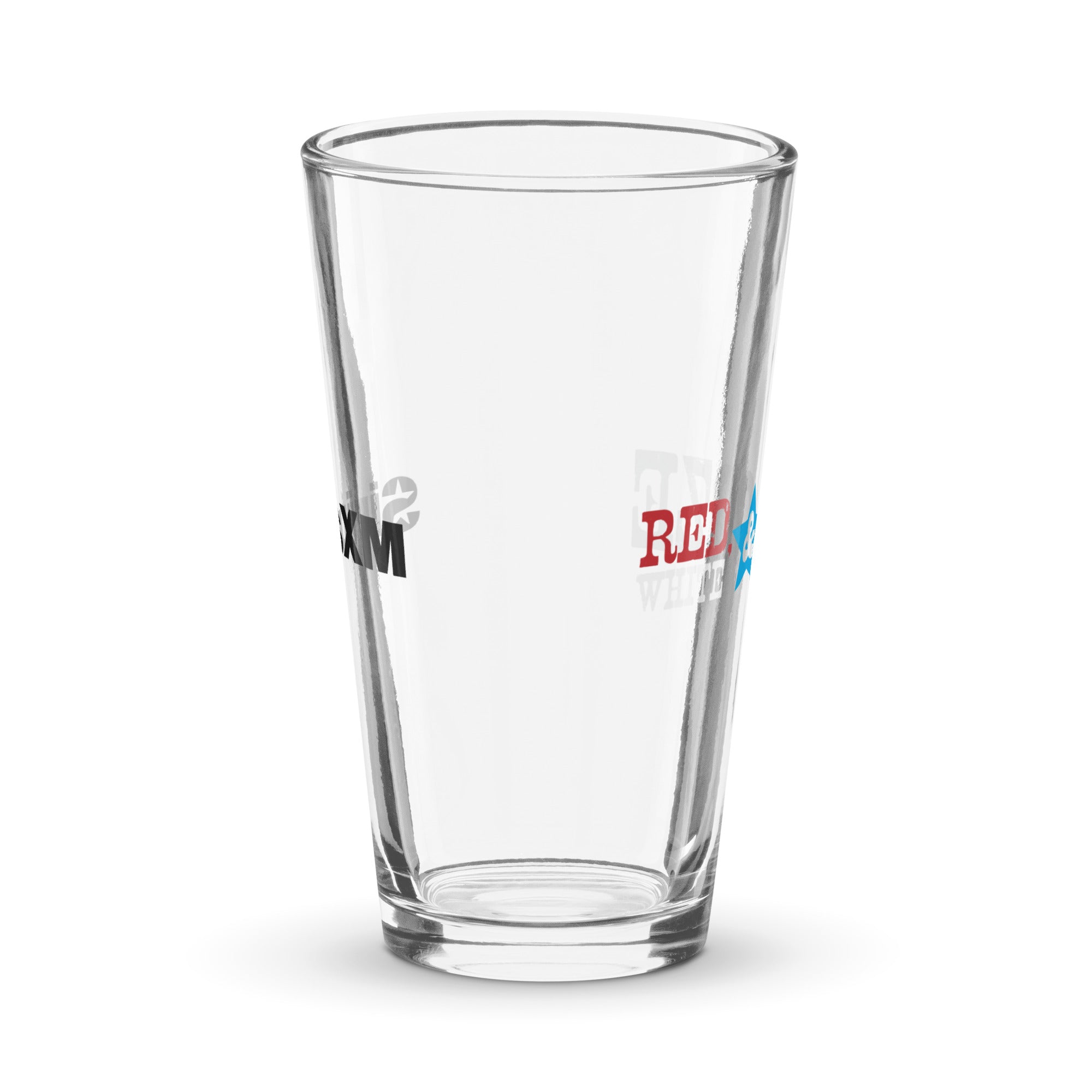 Side view of clear pint glass featuring partially visible front and back designs.