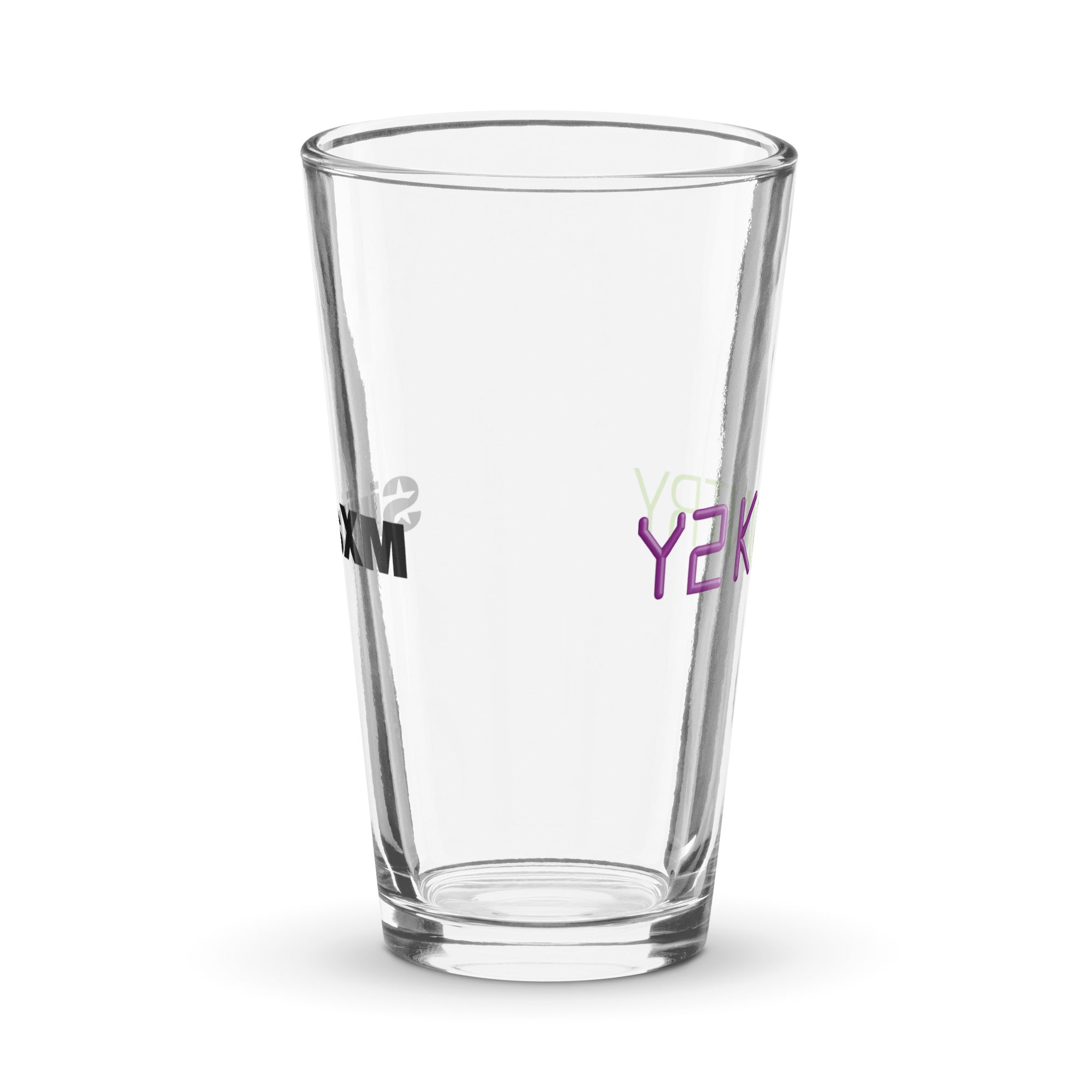 Side view of clear pint glass featuring partially visible front and back designs.