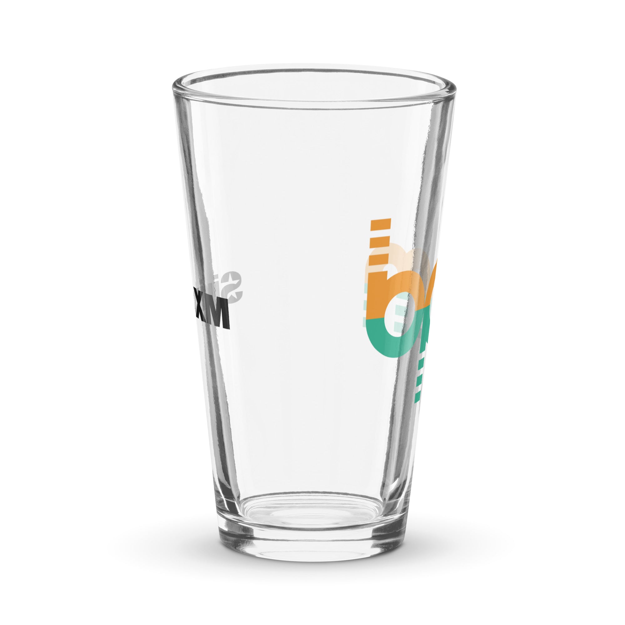 Side view of clear pint glass featuring partially visible front and back designs.