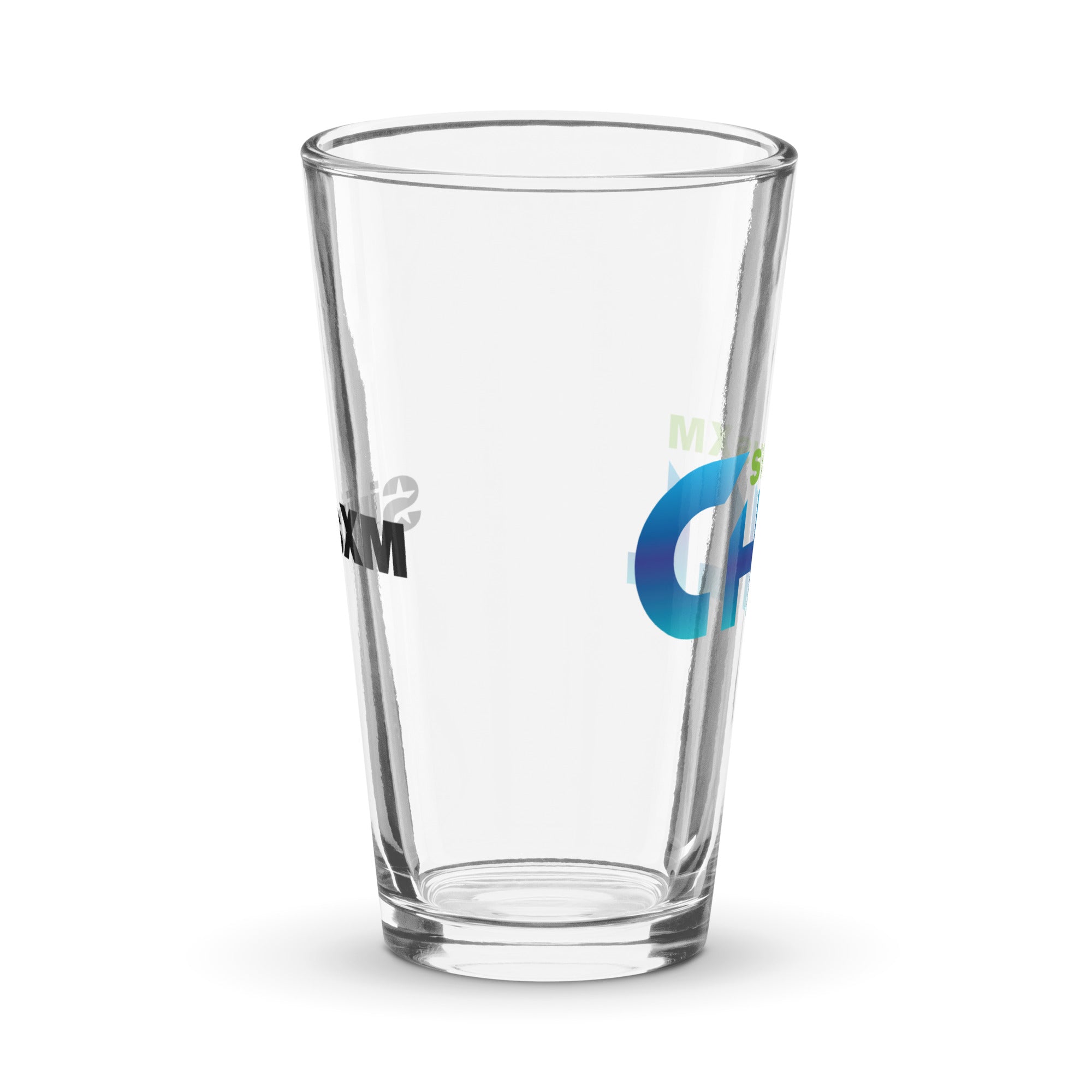Side view of clear pint glass featuring partially visible front and back designs.