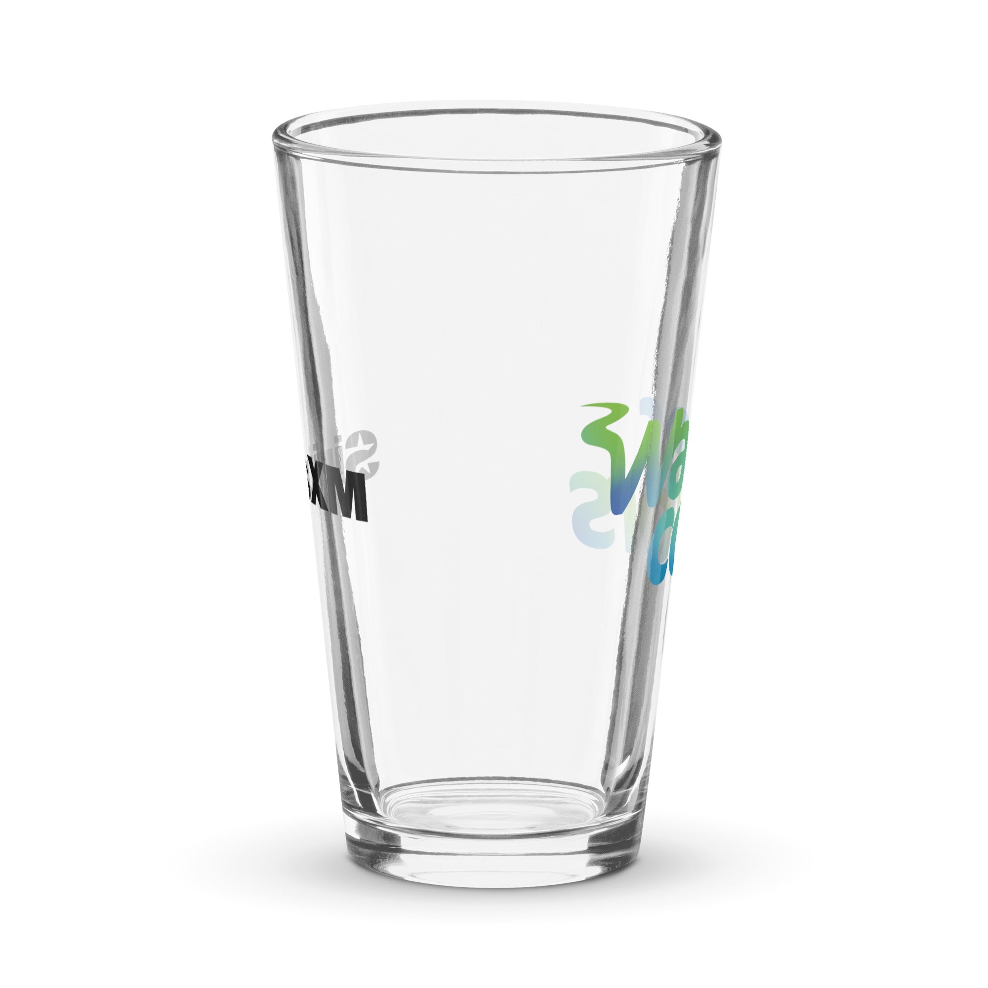 Side view of clear pint glass featuring partially visible front and back designs.