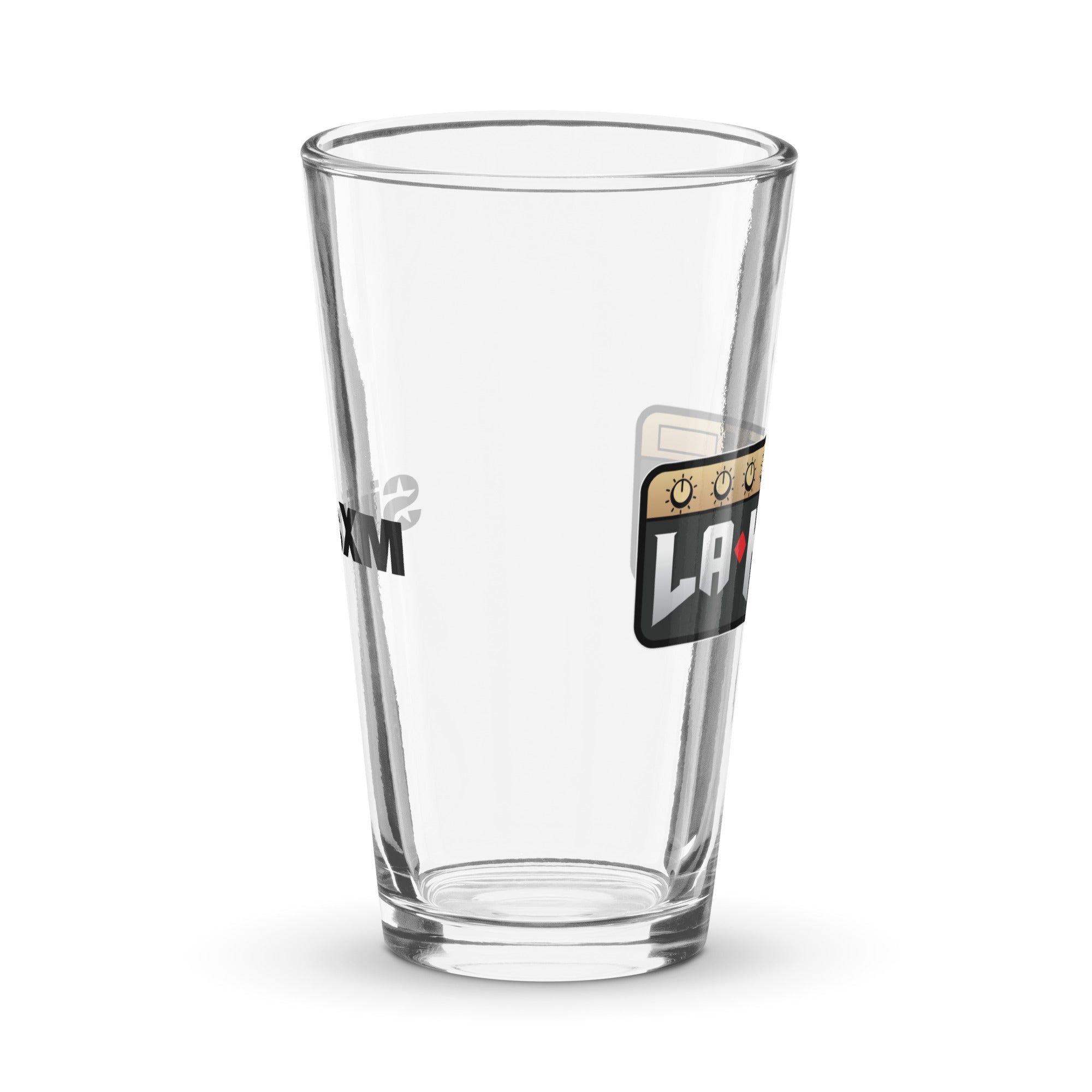 Side view of clear pint glass featuring partially visible front and back designs.