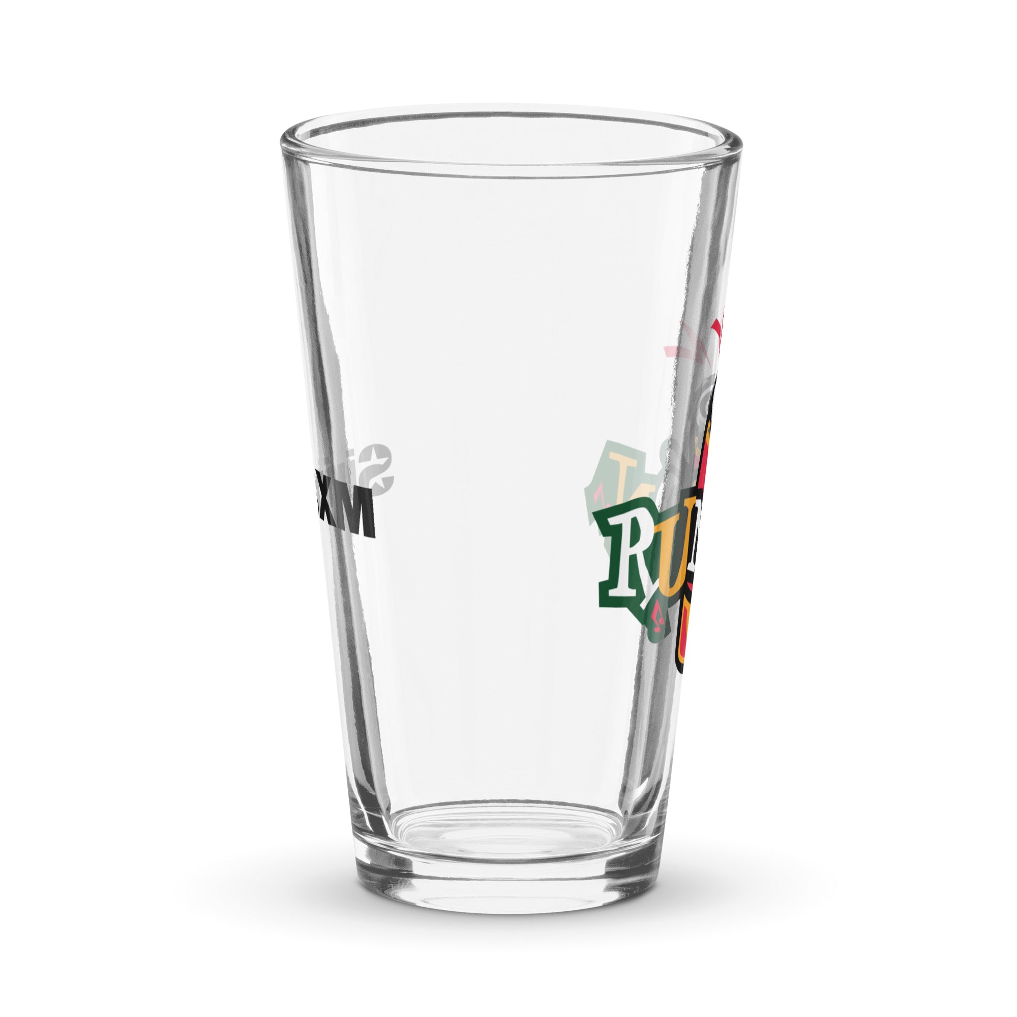 Side view of clear pint glass featuring partially visible front and back designs.