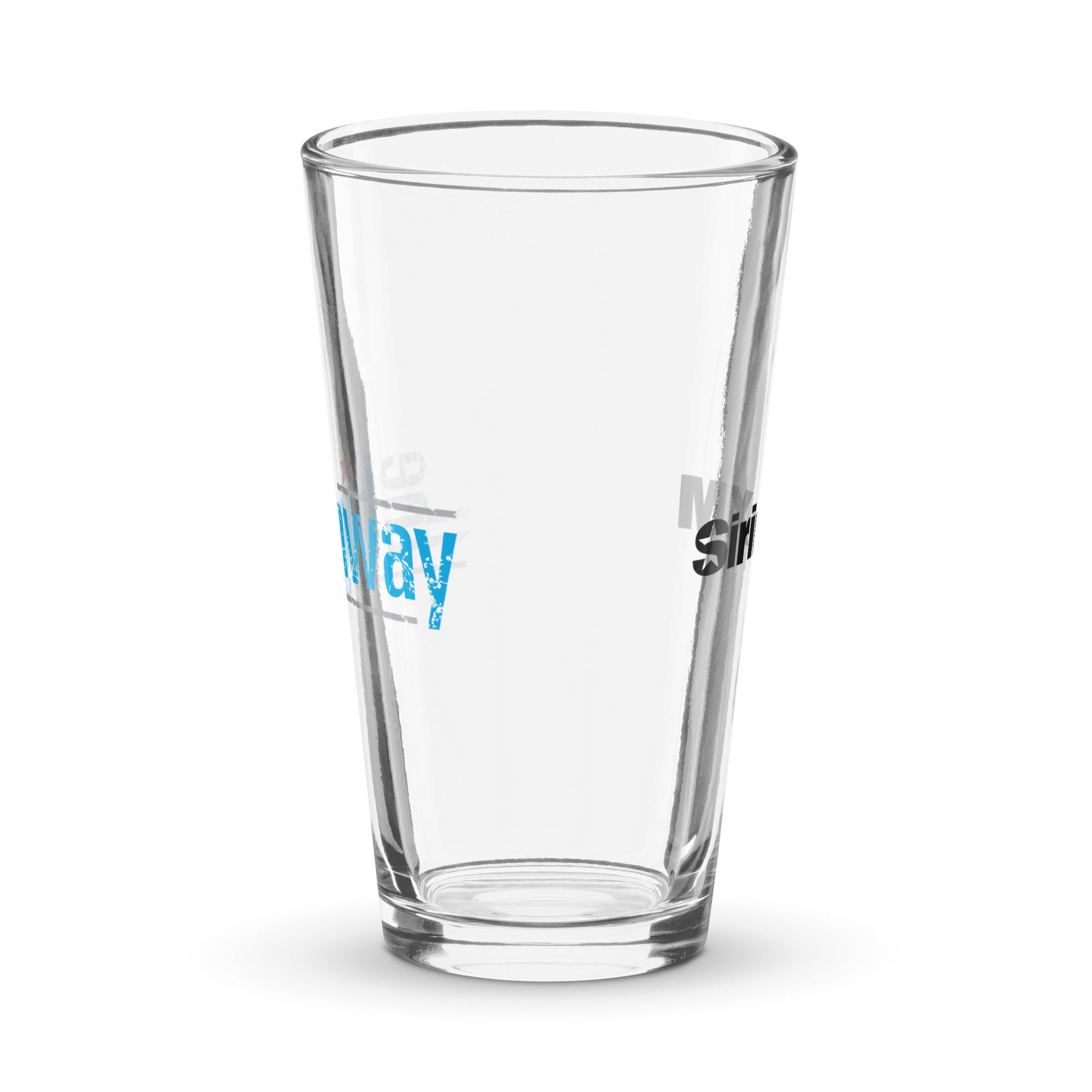 Side view of clear pint glass featuring partially visible front and back designs.