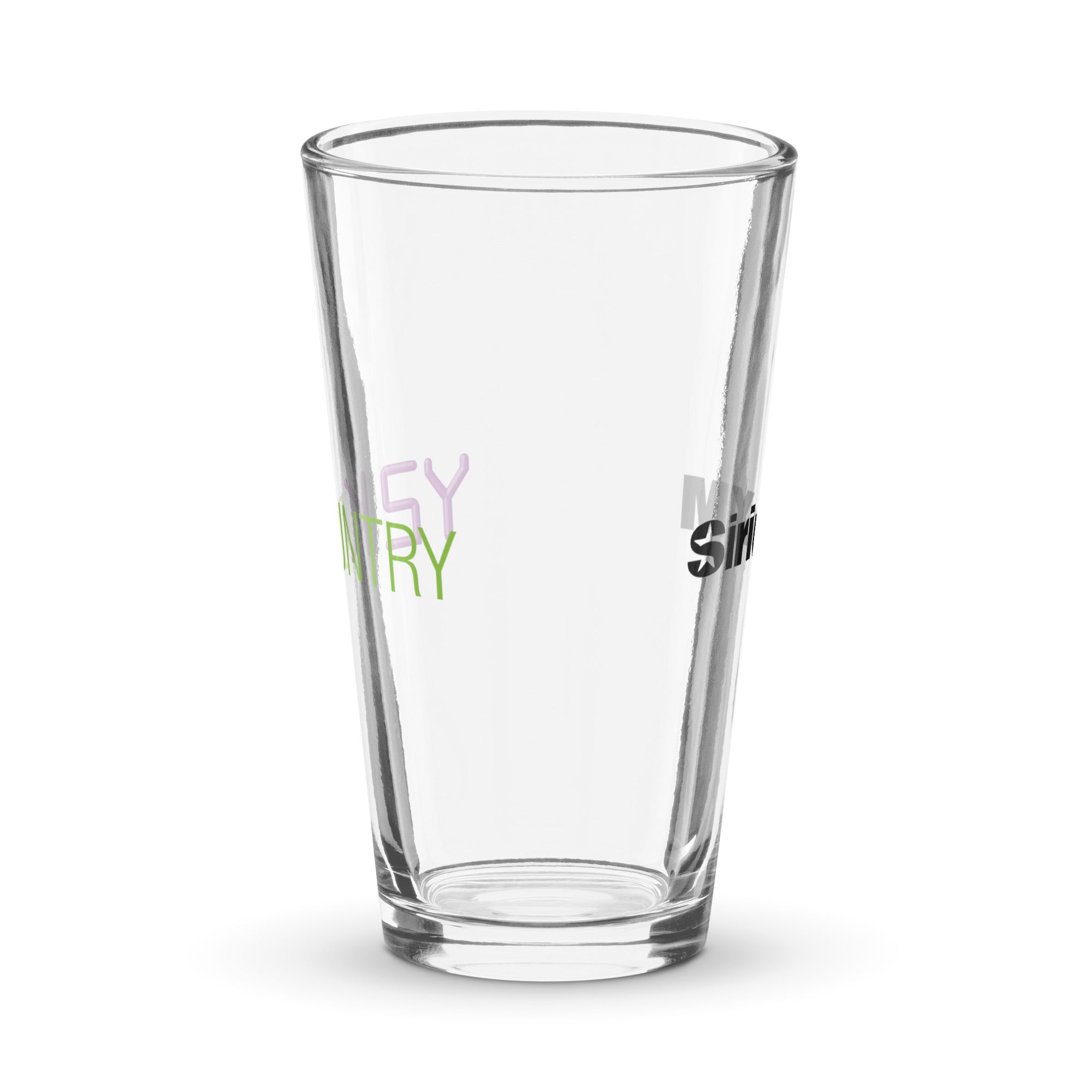 Side view of clear pint glass featuring partially visible front and back designs.
