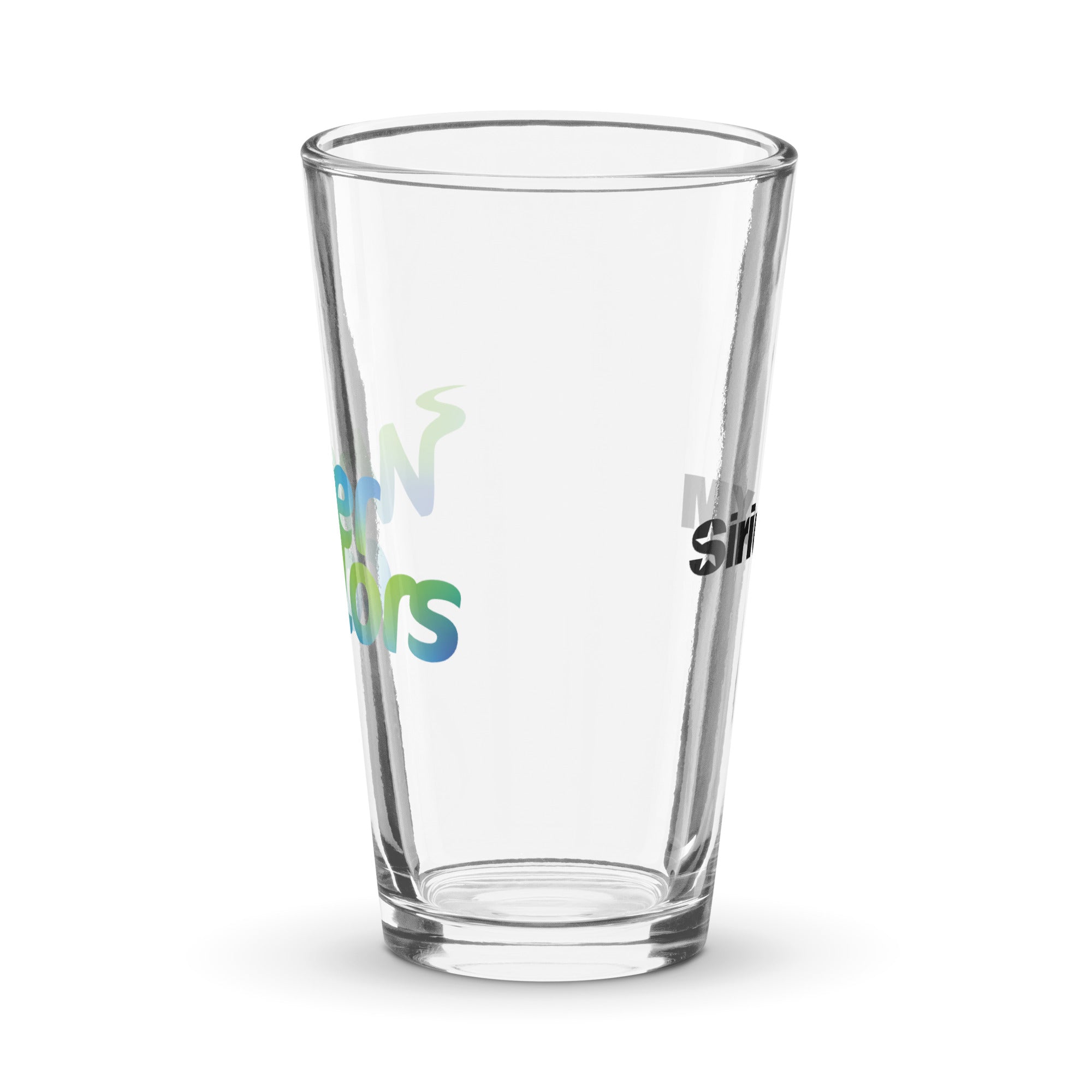 Side view of clear pint glass featuring partially visible front and back designs.