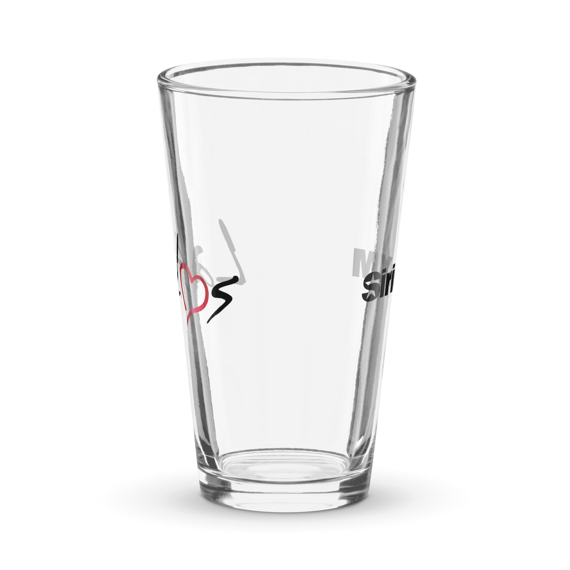 Side view of clear pint glass featuring partially visible front and back designs.